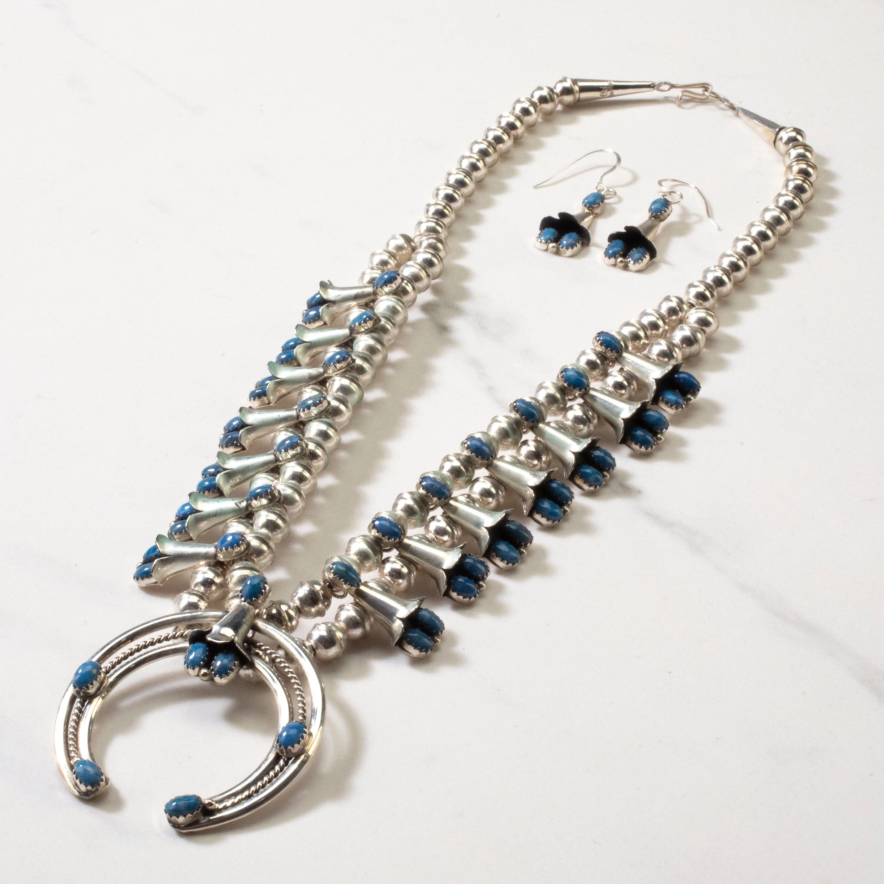 17 Phil Garcia Navajo Squash Blossom Denim Lapis USA Native American Made 925 Sterling Silver Necklace & French Hook Earring Set