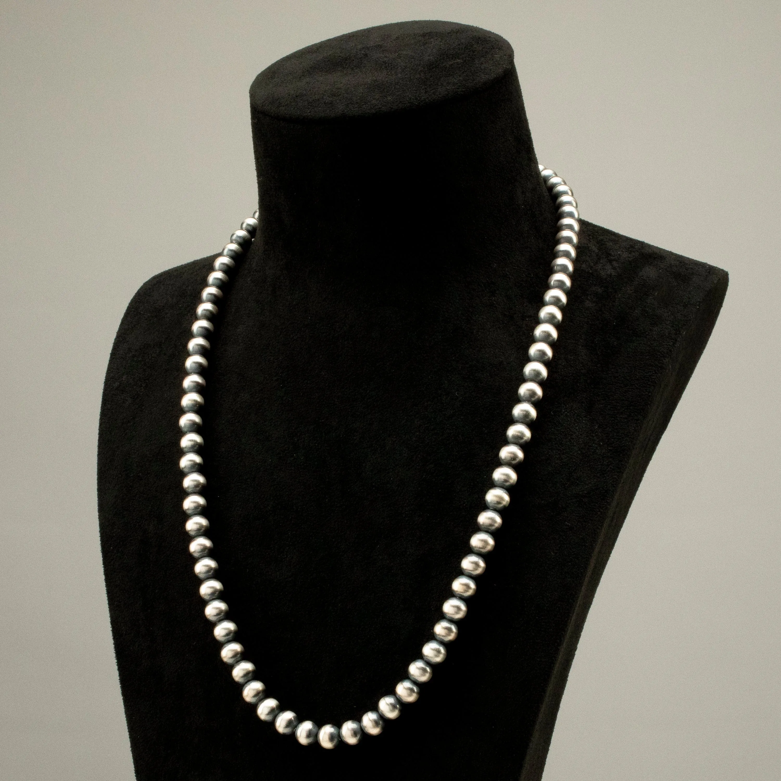 24 Single Strand 8mm Navajo Pearl USA Native American Made 925 Sterling Silver Necklace