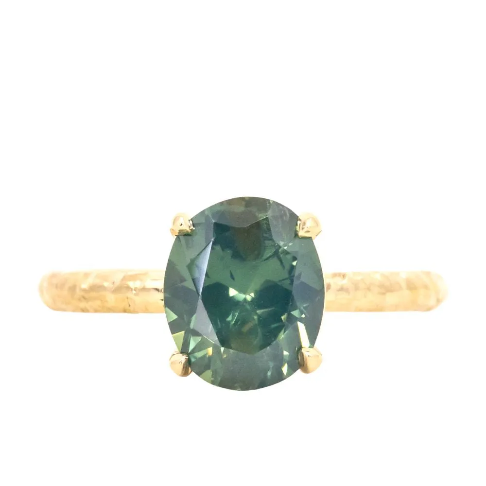 2.77ct Oval Silky Nigerian Sapphire Low Profile 4 Prong Evergreen Solitaire in 18k Yellow Gold