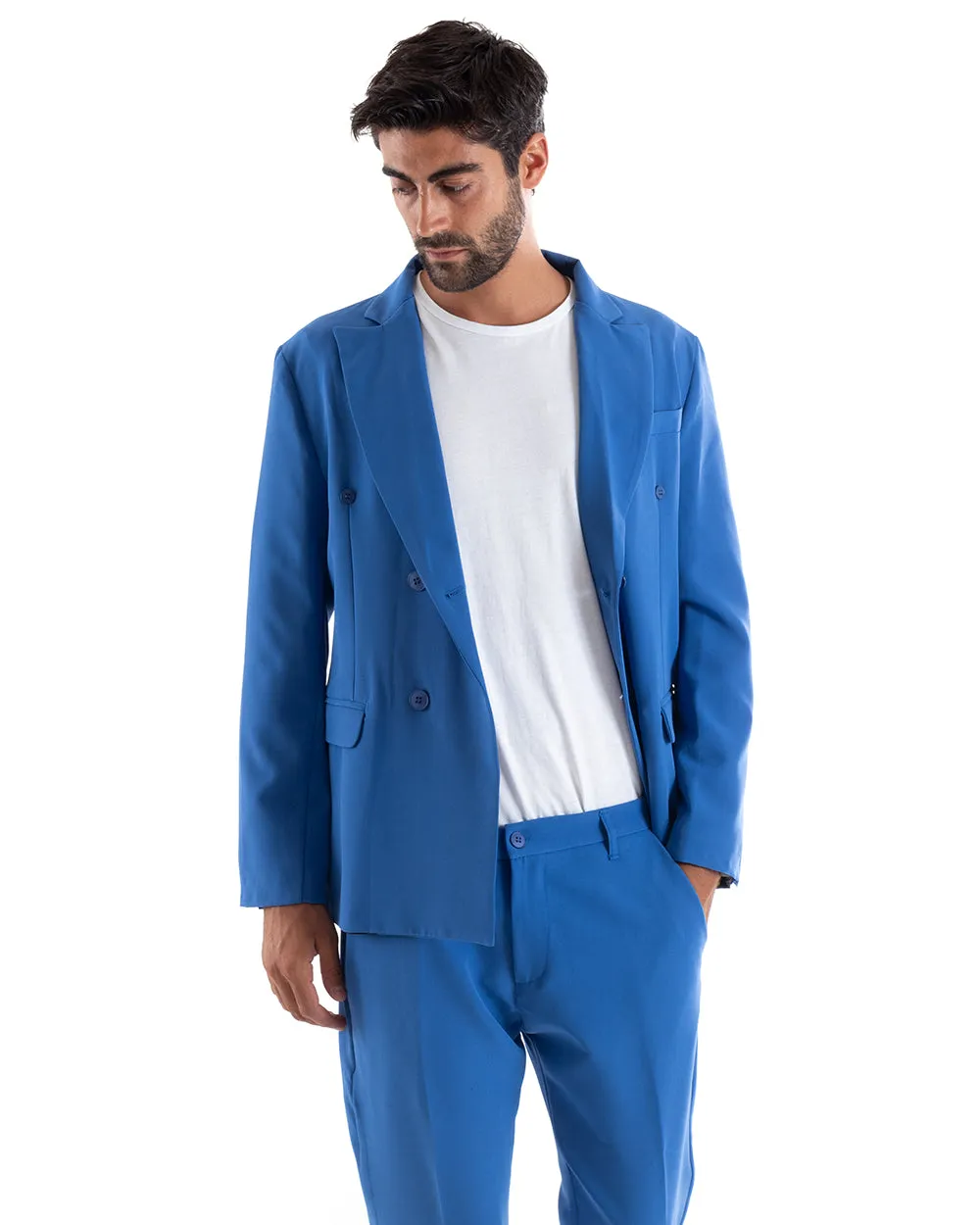 Abito Uomo Doppiopetto Vestito Viscosa Completo Giacca Pantaloni Blu Royal Sportivo Elegante Cerimonia GIOSAL-OU2163A