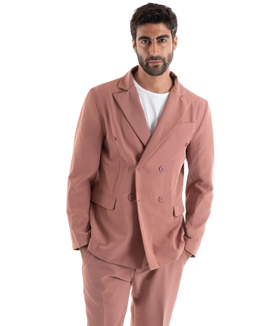 Abito Uomo Doppiopetto Vestito Viscosa Completo Giacca Pantaloni Rosa Elegante Cerimonia GIOSAL-OU2164A