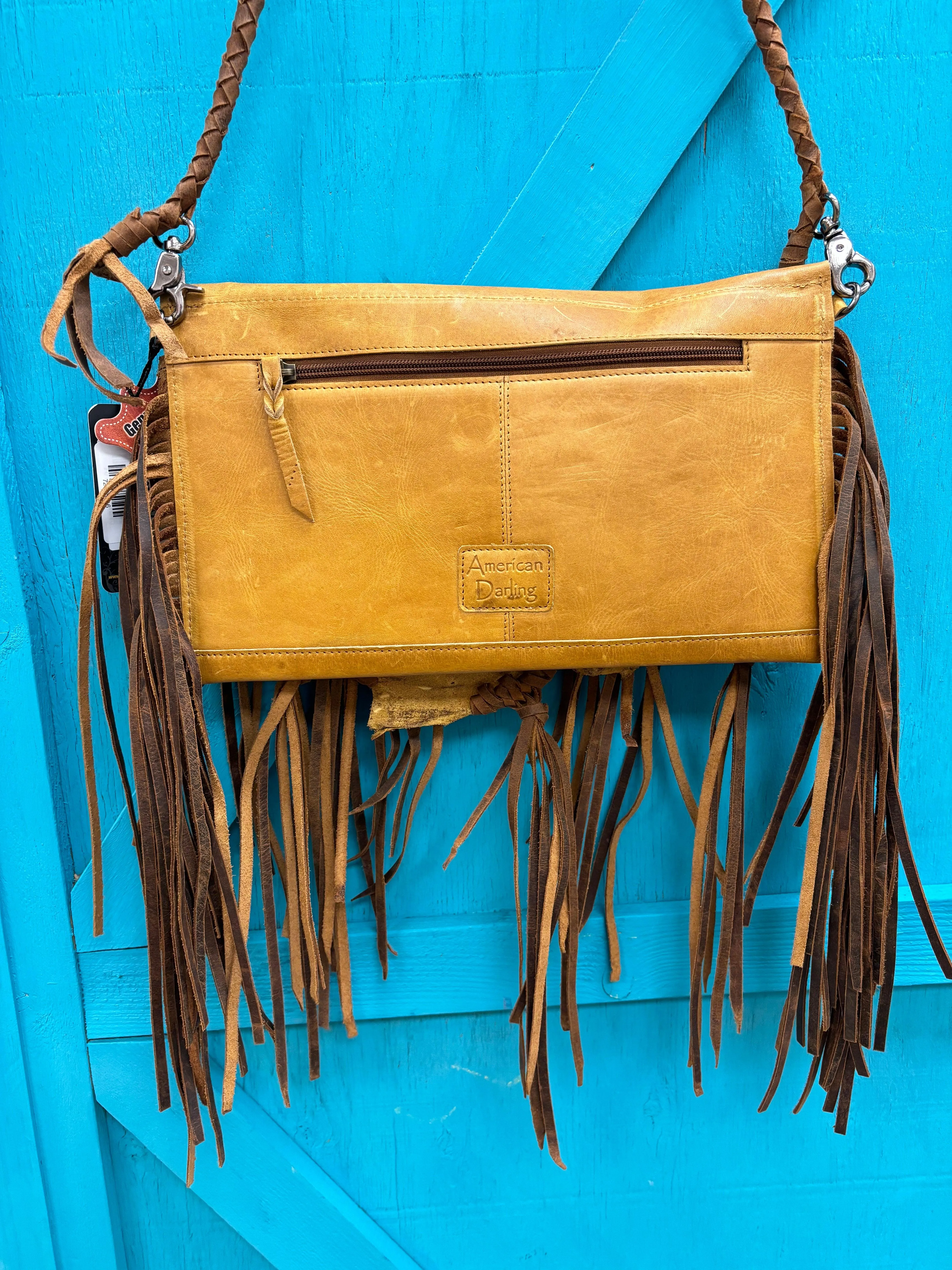 American Darling Genuine Leather Fringe Faux Turquoise Buckle Crossbody Bag ADBGM474