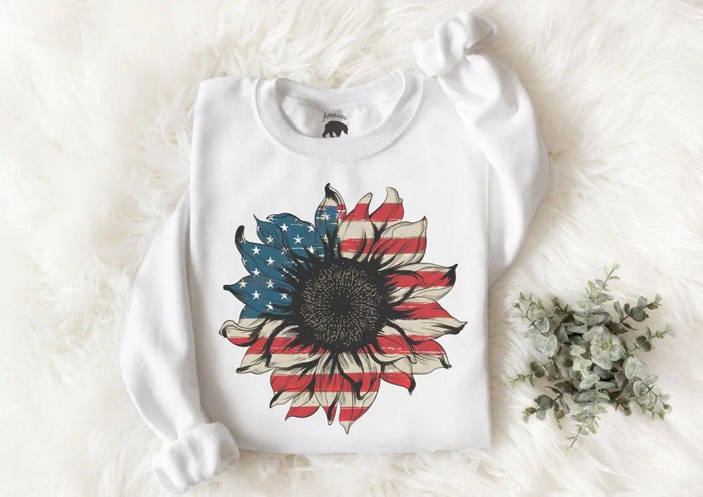 American Flag Sunflower Adult Sweatshirts