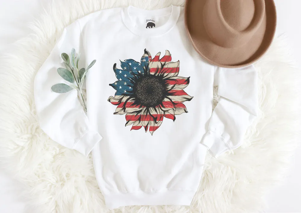 American Flag Sunflower Adult Sweatshirts