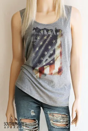 American Flag with Horses Scoop Neck, Full Back Tank Top