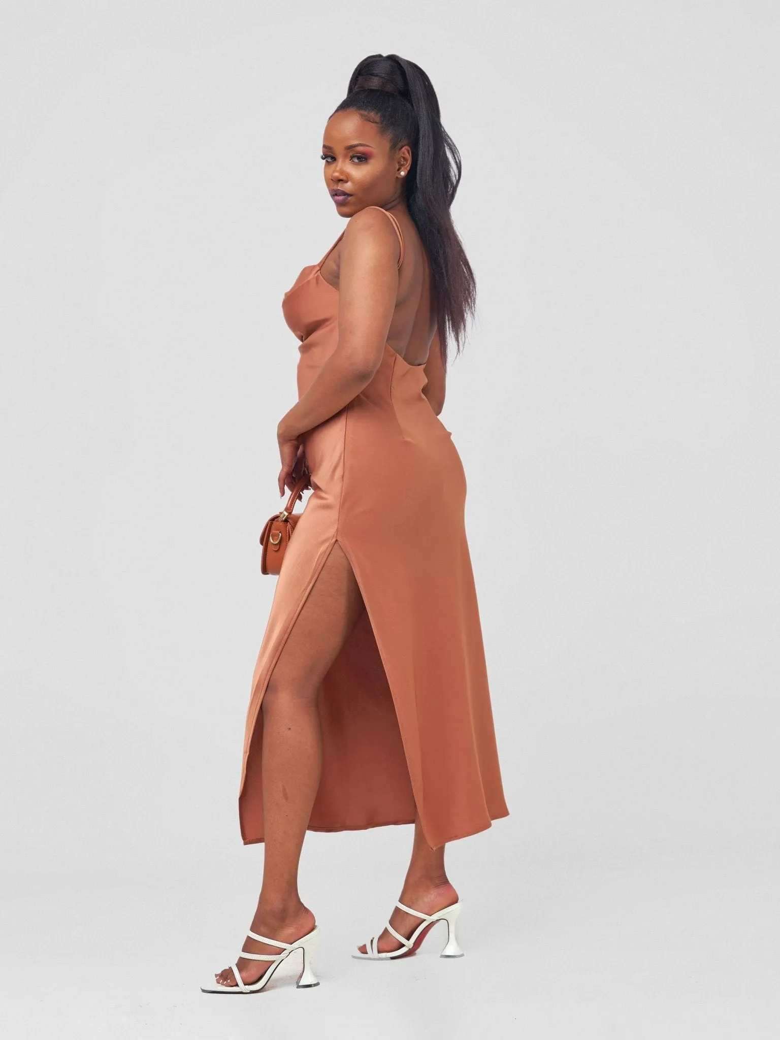 Anika Long Satin Double Strap Dress - Copper