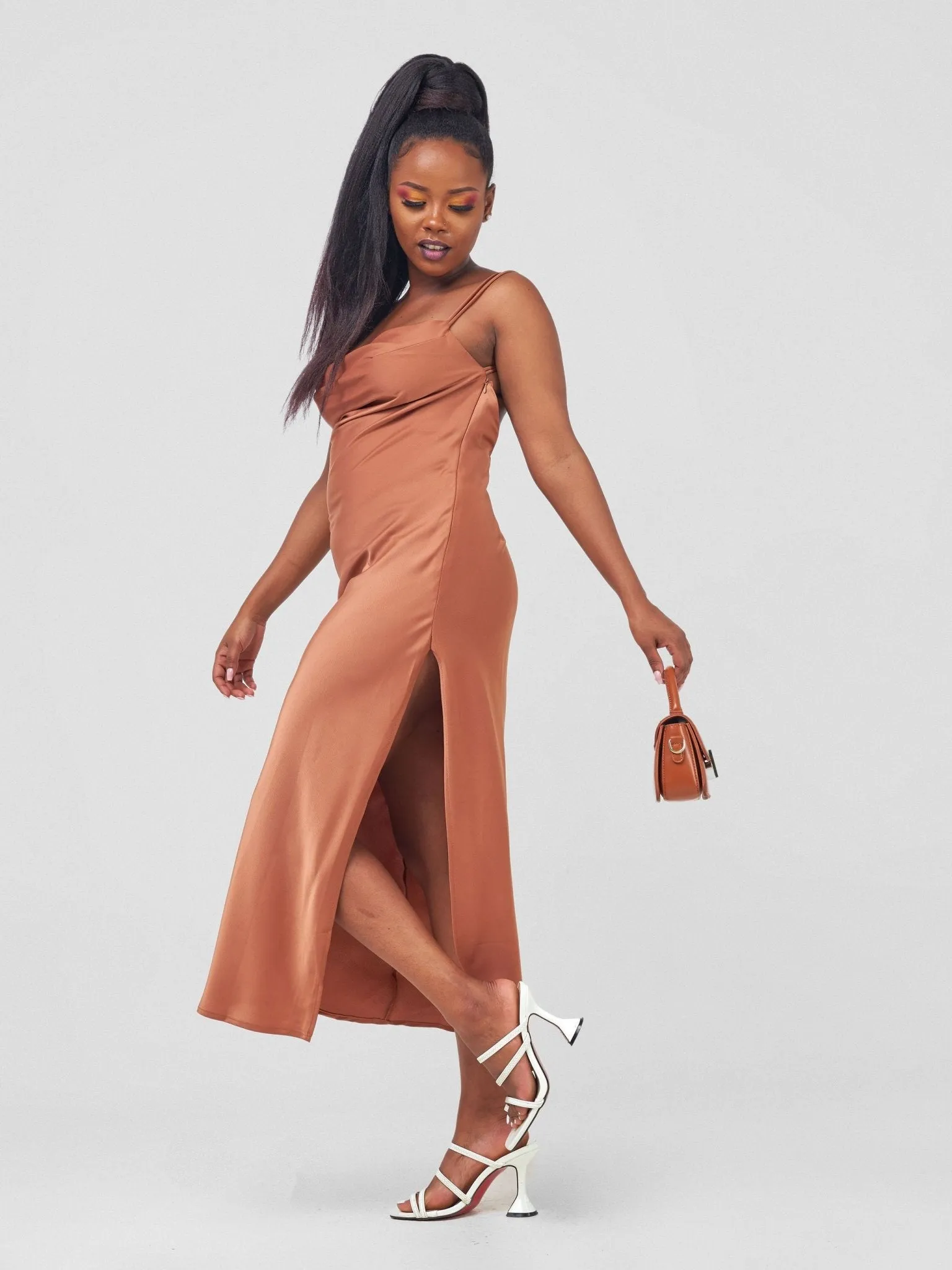 Anika Long Satin Double Strap Dress - Copper