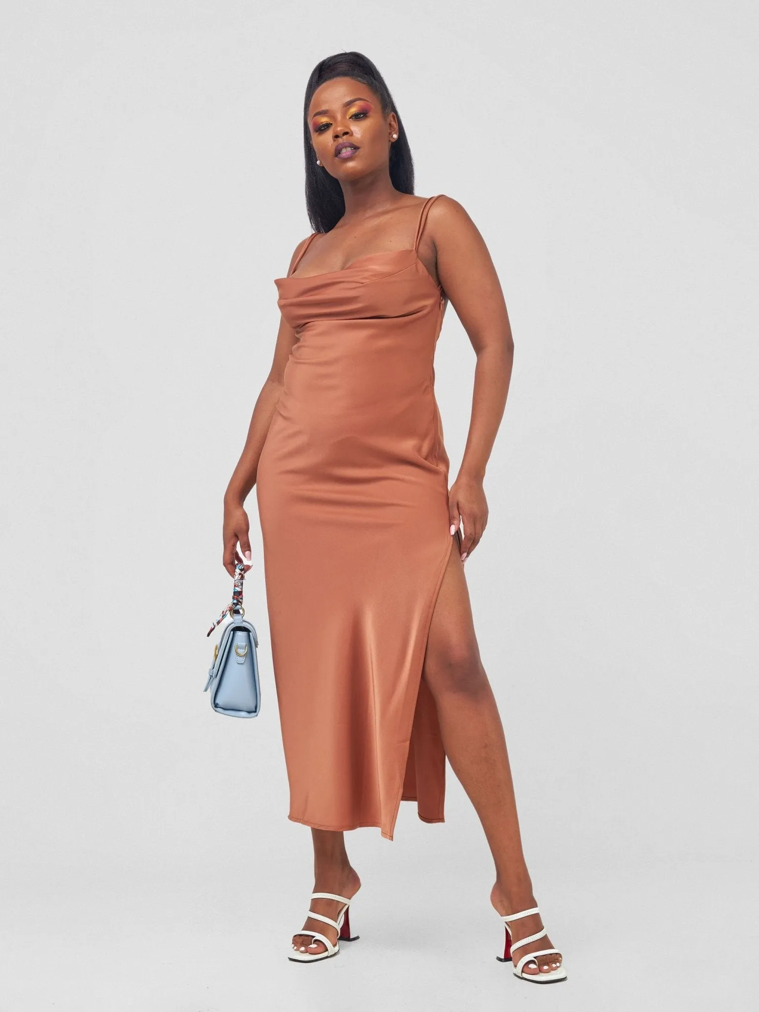 Anika Long Satin Double Strap Dress - Copper