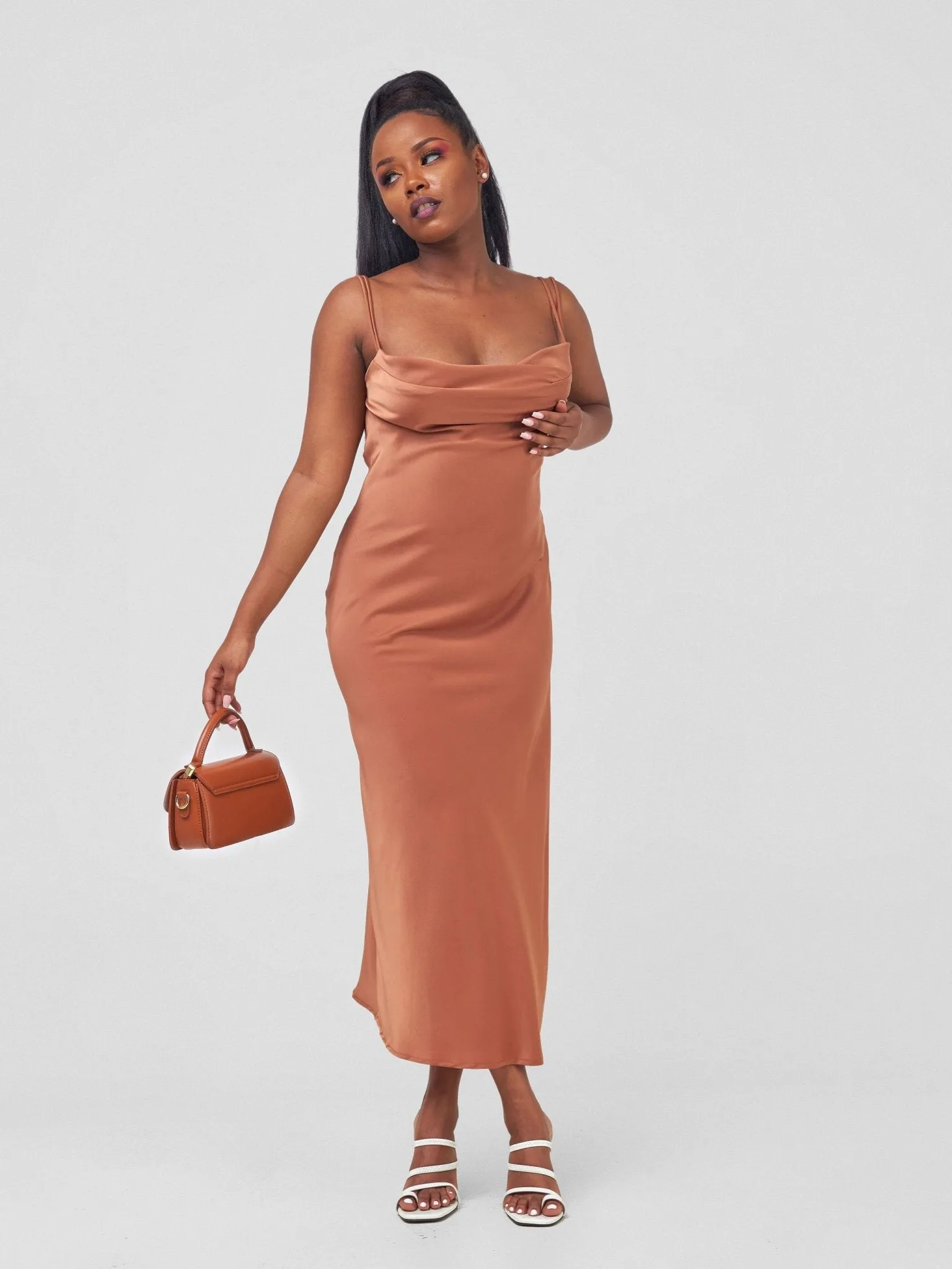 Anika Long Satin Double Strap Dress - Copper