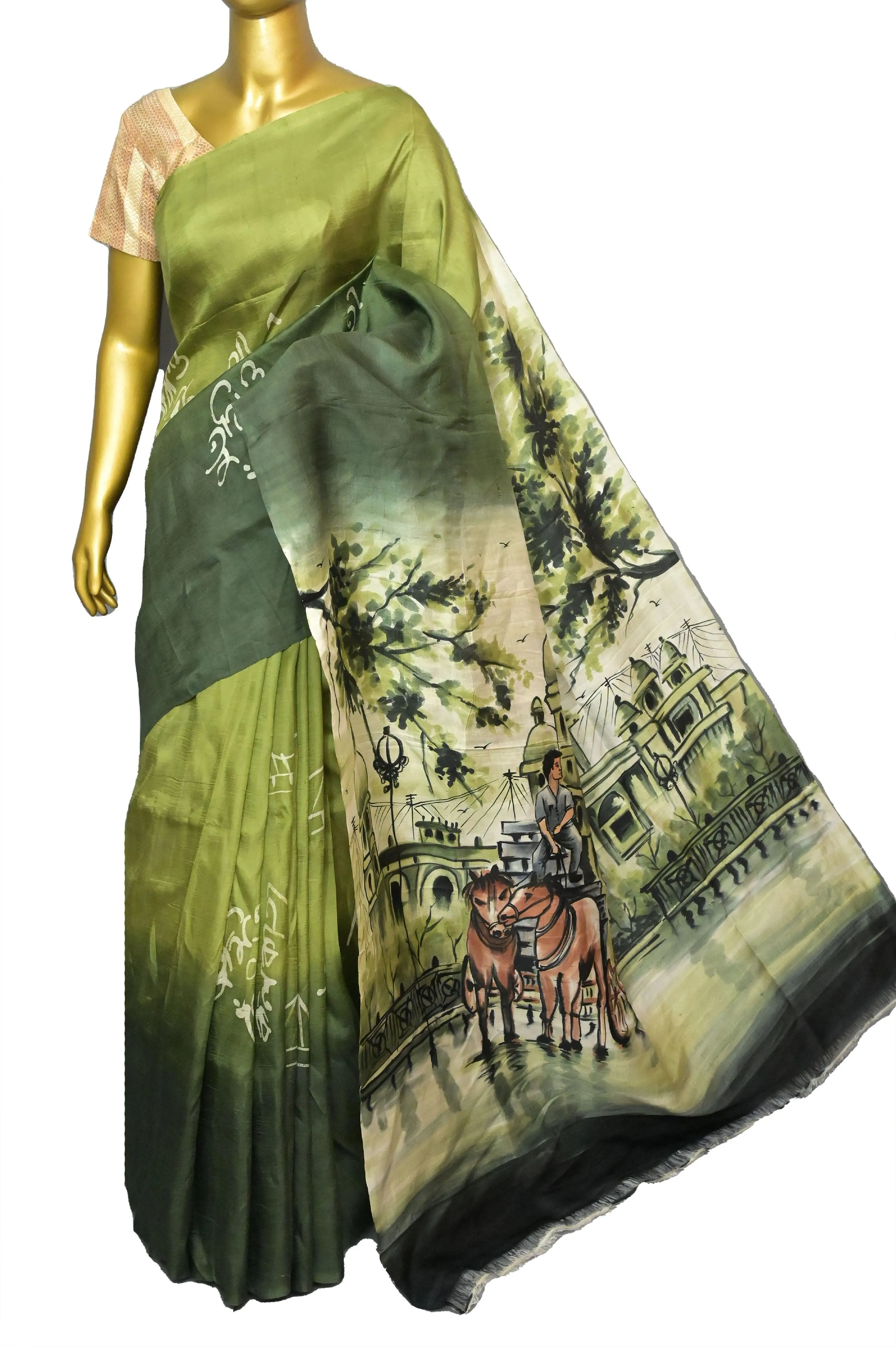 Banana Leaf Green Color Pure Bishnupur Katan Silk Saree with Kolkata Theme