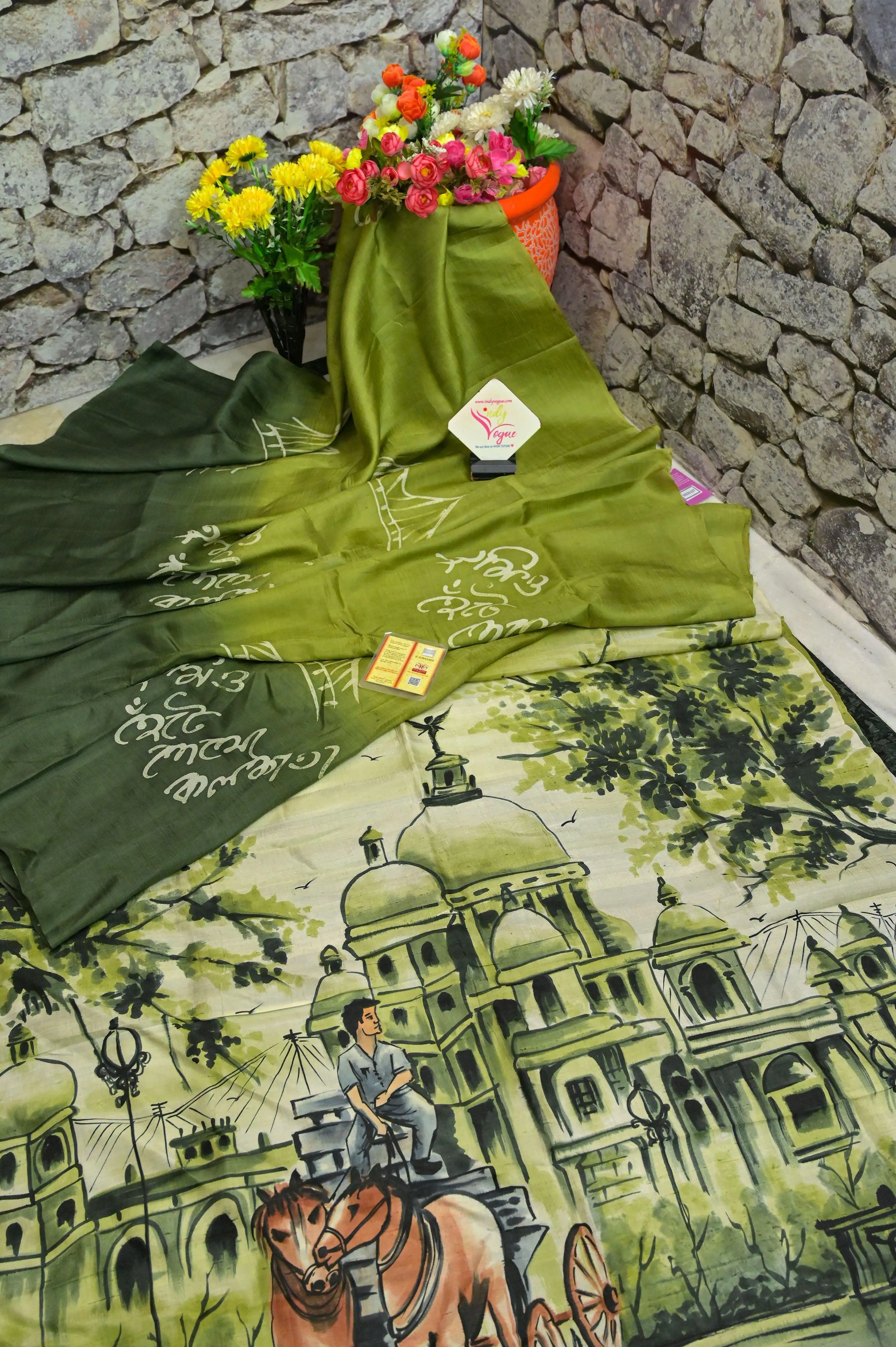 Banana Leaf Green Color Pure Bishnupur Katan Silk Saree with Kolkata Theme