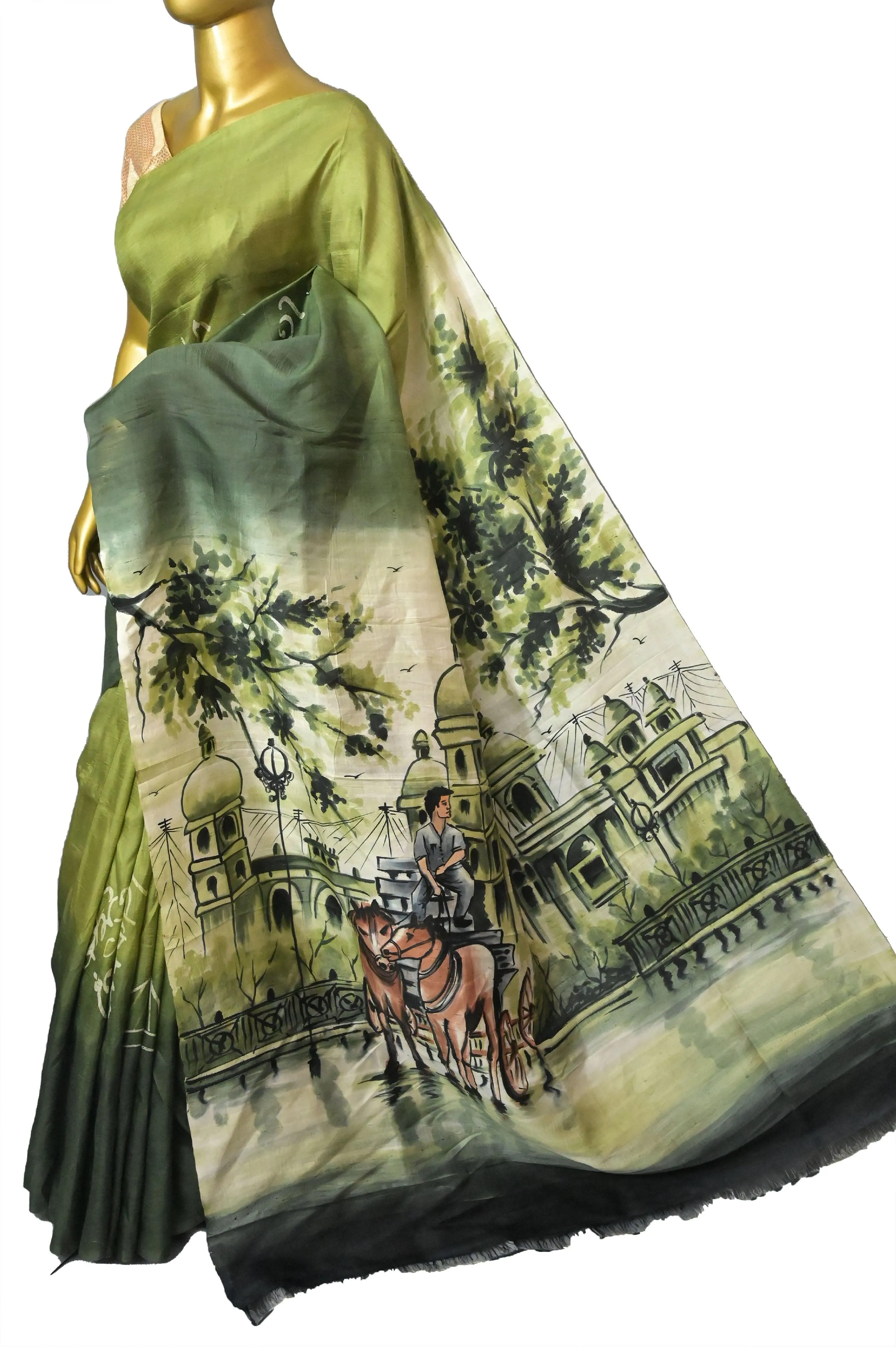 Banana Leaf Green Color Pure Bishnupur Katan Silk Saree with Kolkata Theme