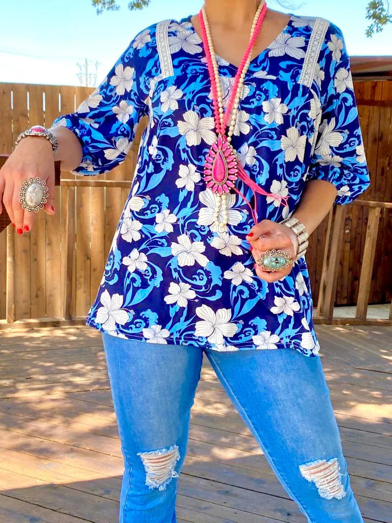 Beautiful Navy, Blue,and White Floral Blouse with v-neck