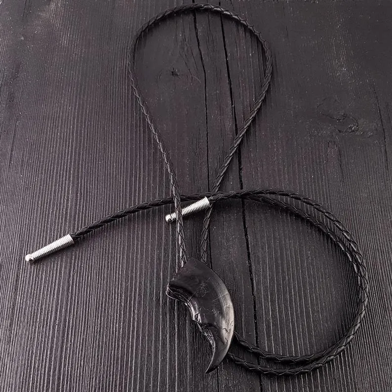 Black Bear Claw Bolo Tie Hand Cast Onyx Resin Black Braided Cord with Silver Tips