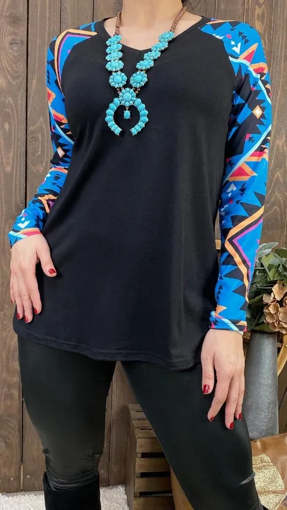 Black Top with Blue Tribal long sleeves