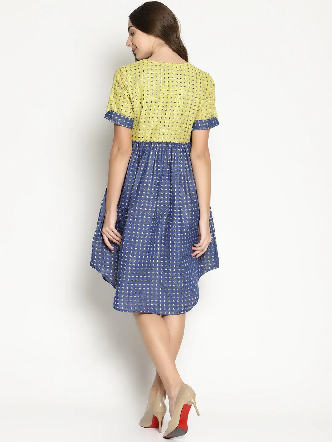 Blue Dobby Shift Dress With Curved Hem