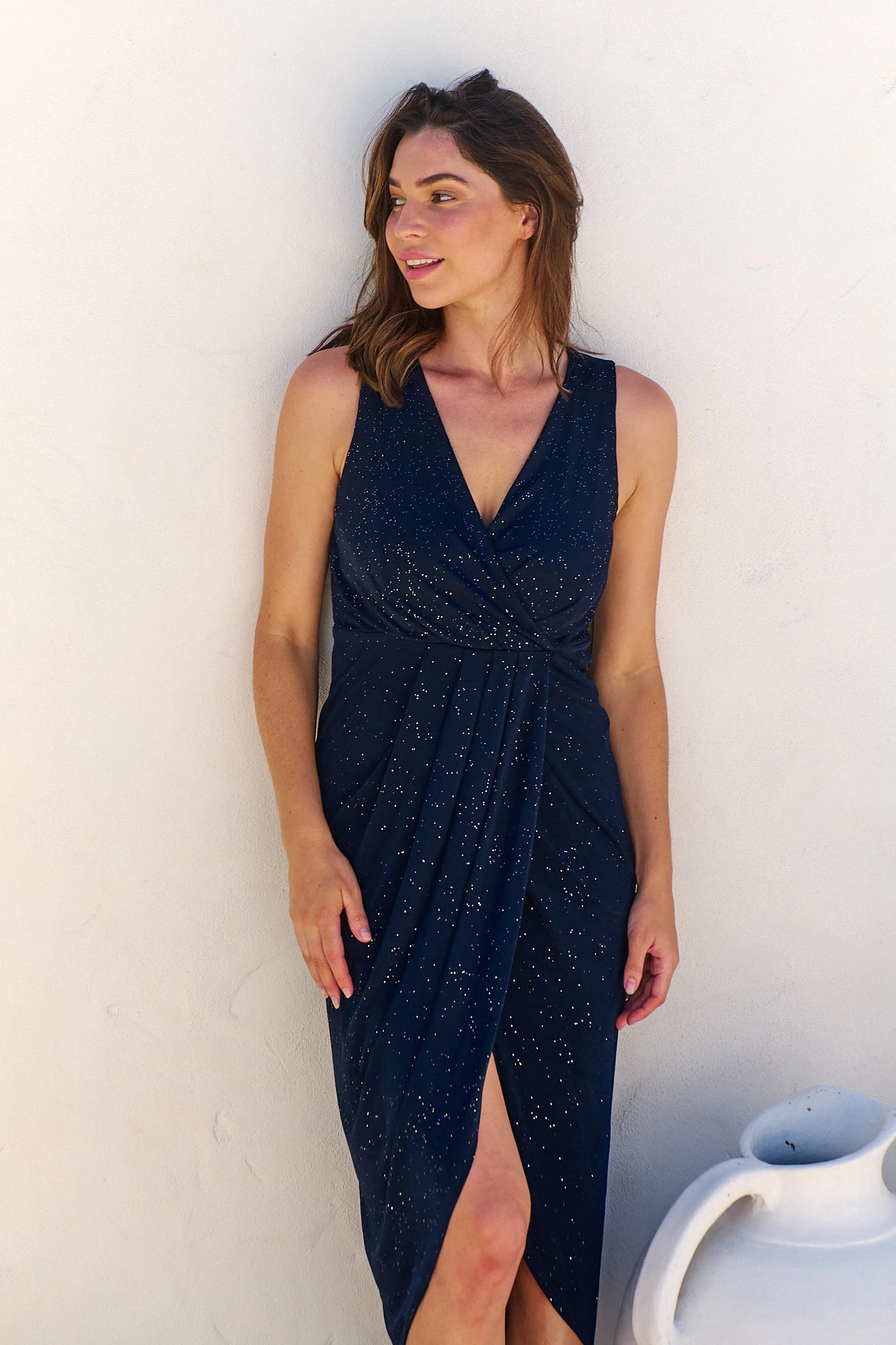 Brianna Navy Shimmer Crossover Evening Dress