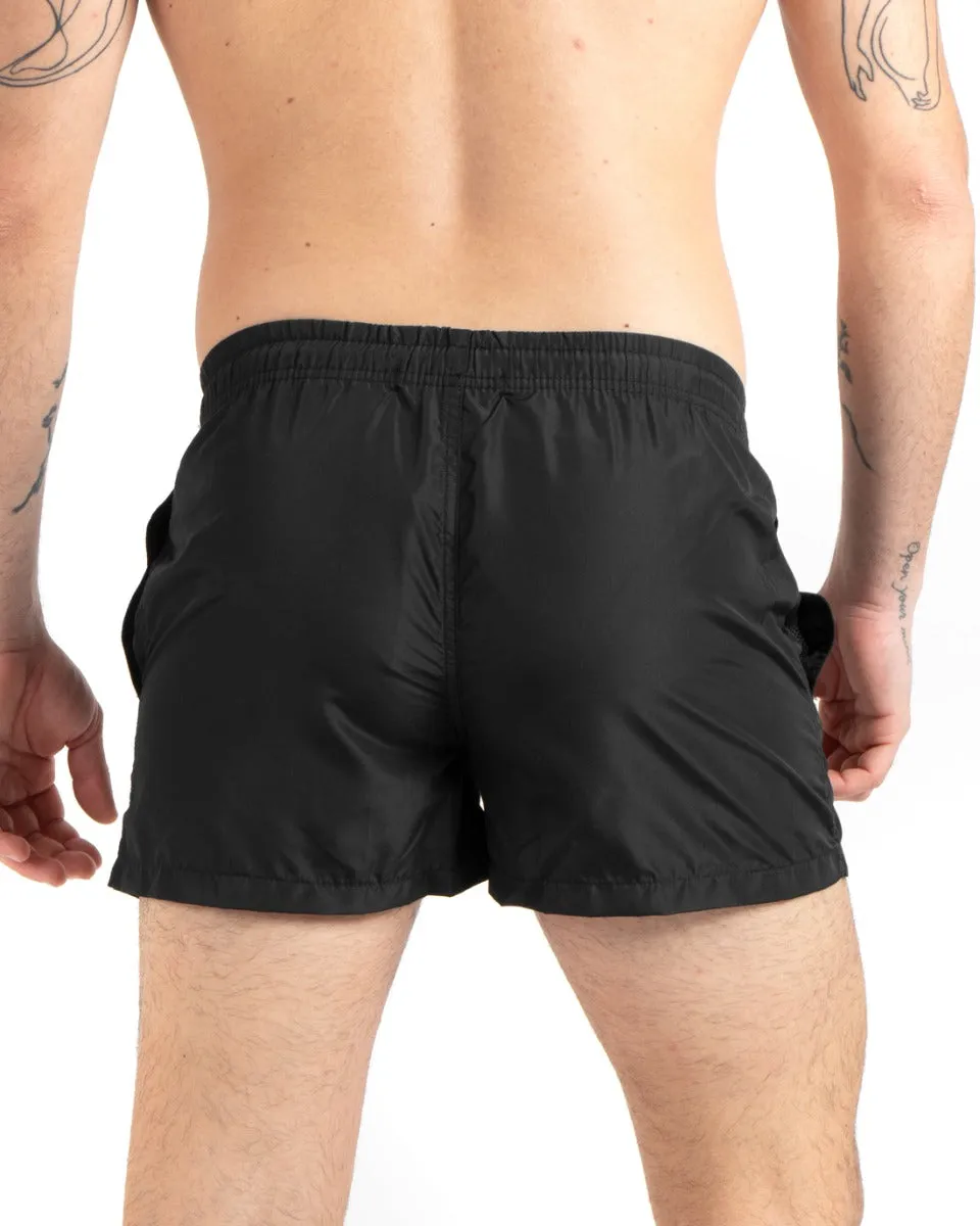 Costume Da Bagno Uomo Boxer Nero Tinta Unita Elastico Coulisse Tasche GIOSAL-SU1150A