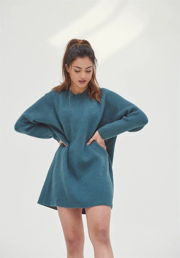 Crew Neck Knitted Mini Dress in Blue- Outlet- Outlet