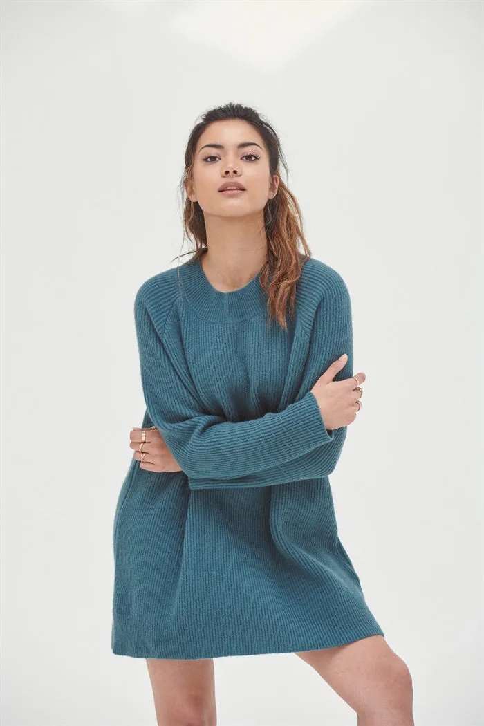 Crew Neck Knitted Mini Dress in Blue- Outlet- Outlet