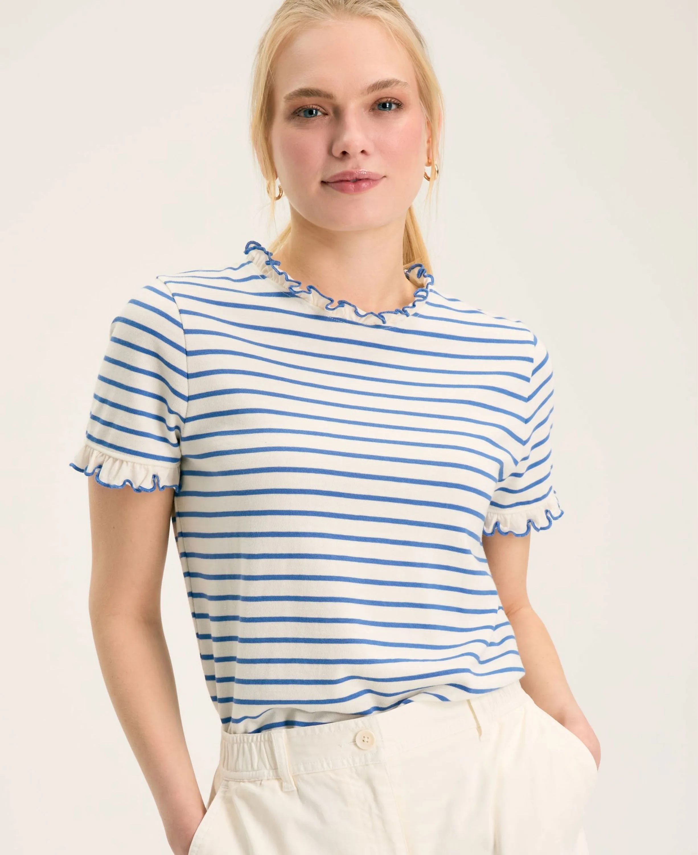 Daisy Short Sleeve Frilled Neck Top - Blue/Cream