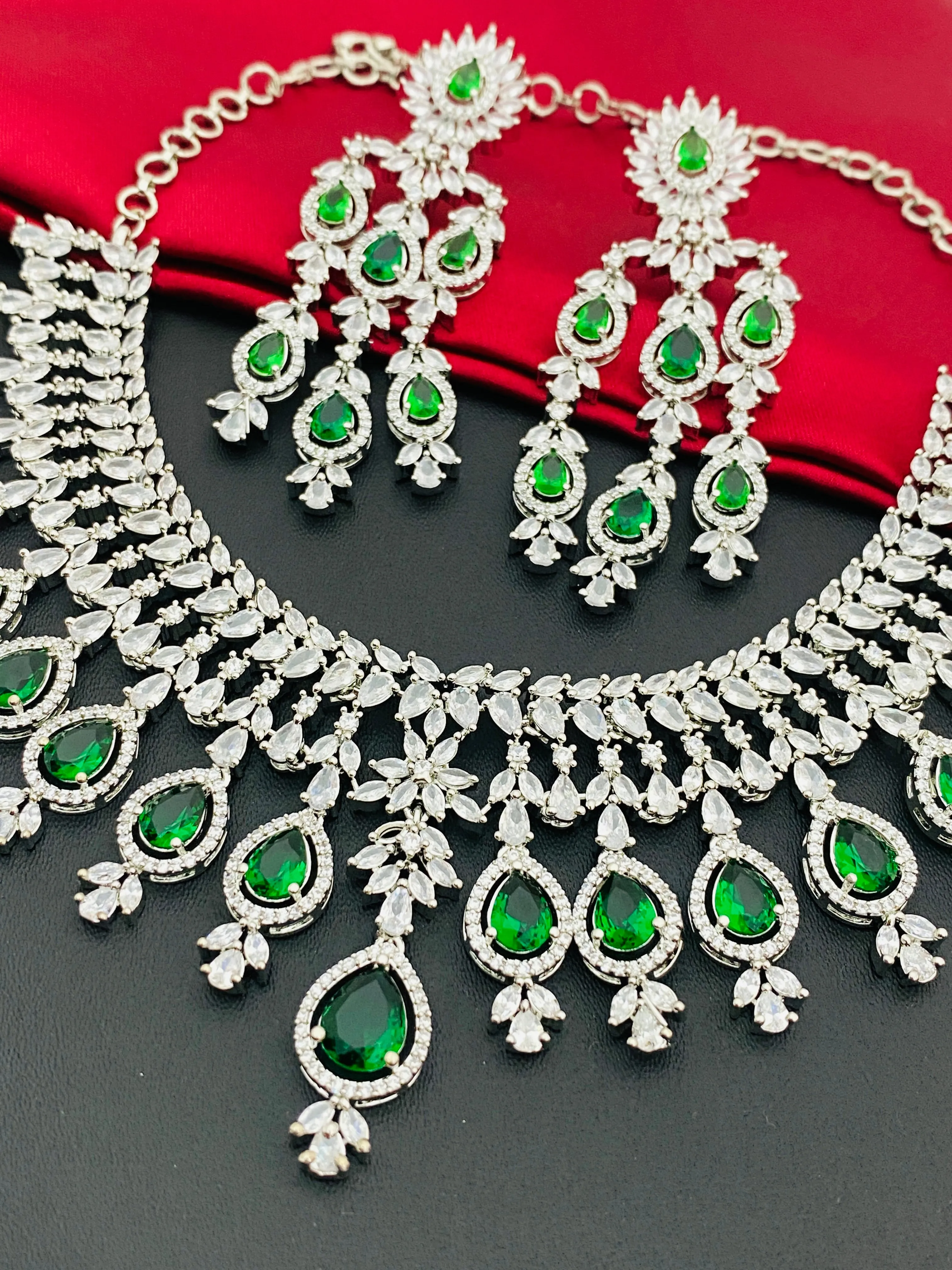 Dazzling American Diamond White With Green Stoned Necklace Sets