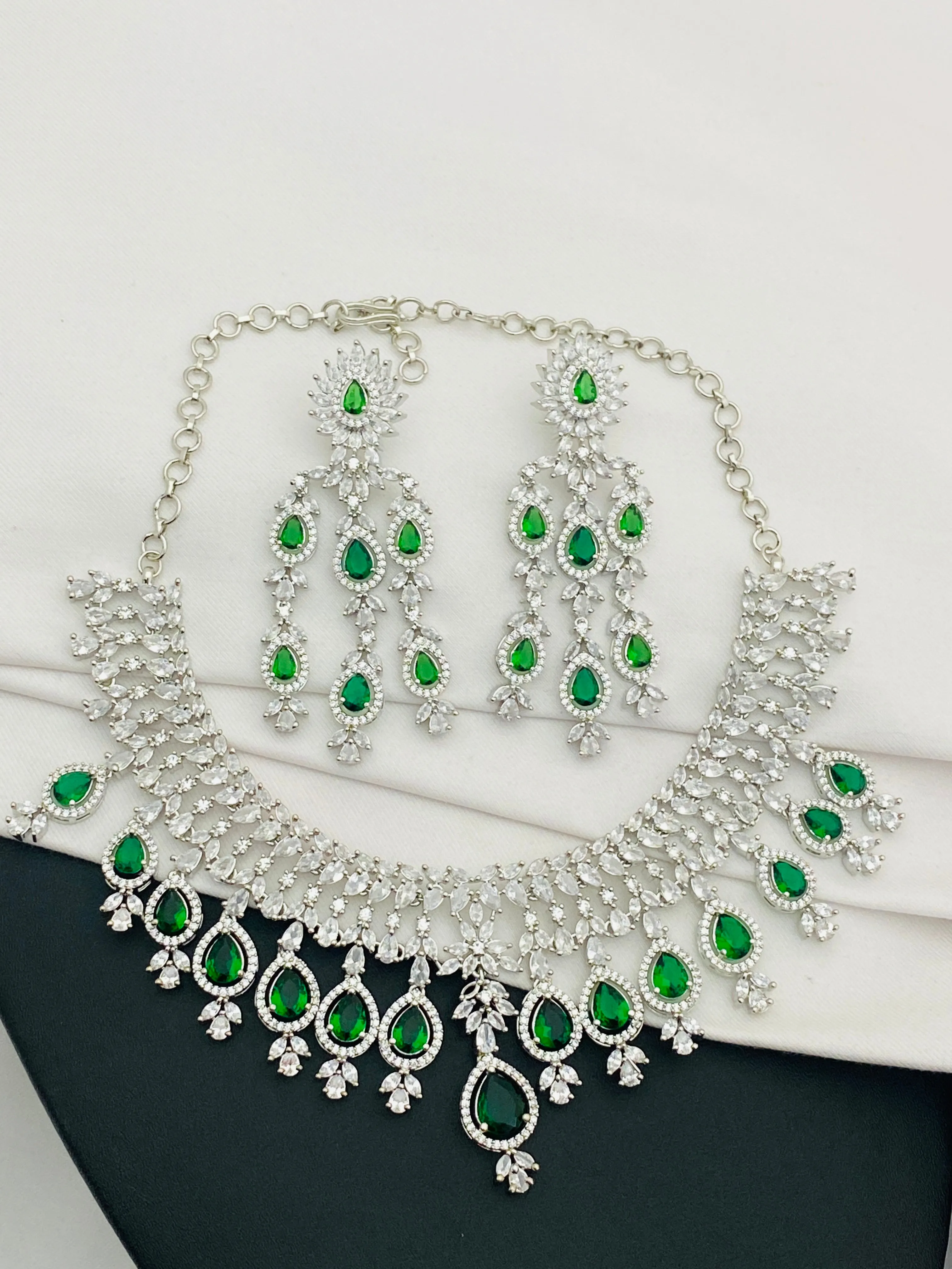 Dazzling American Diamond White With Green Stoned Necklace Sets