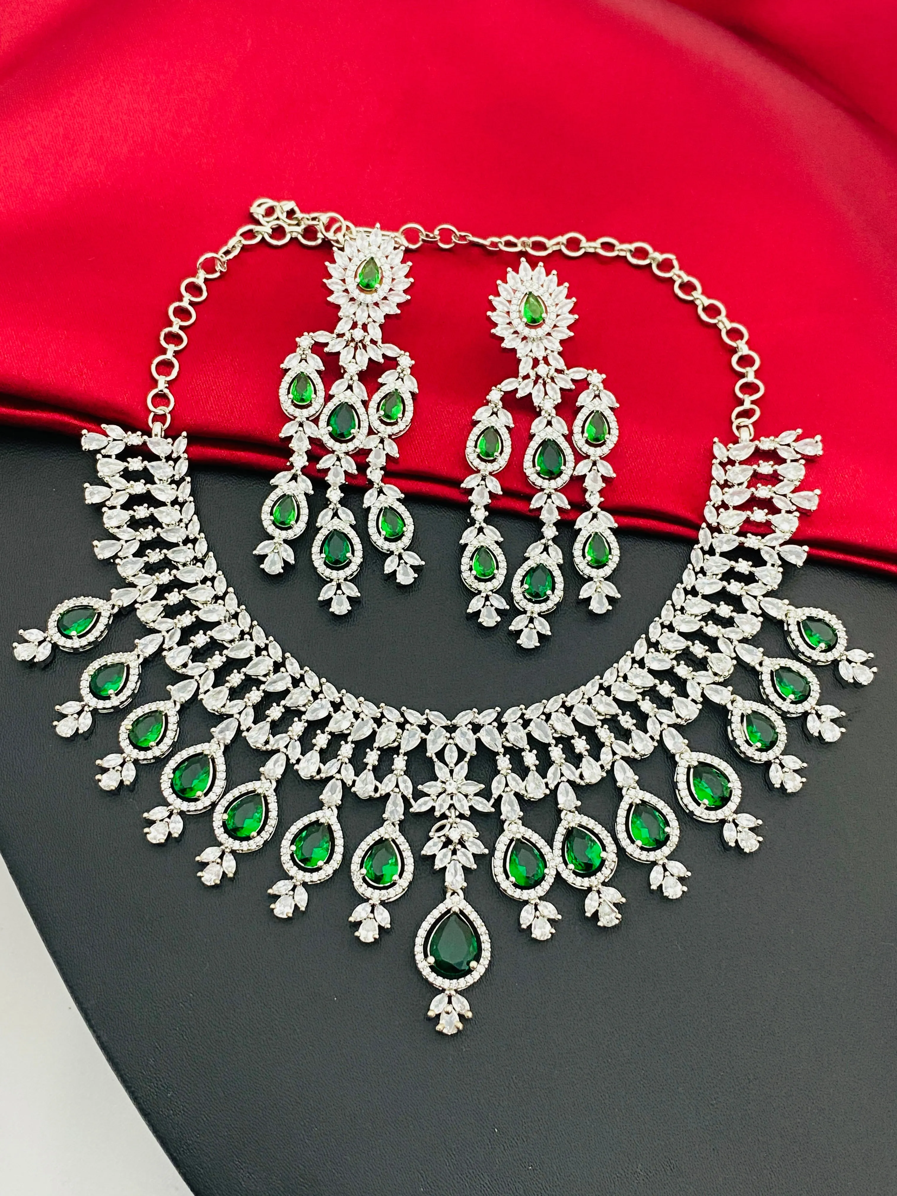 Dazzling American Diamond White With Green Stoned Necklace Sets