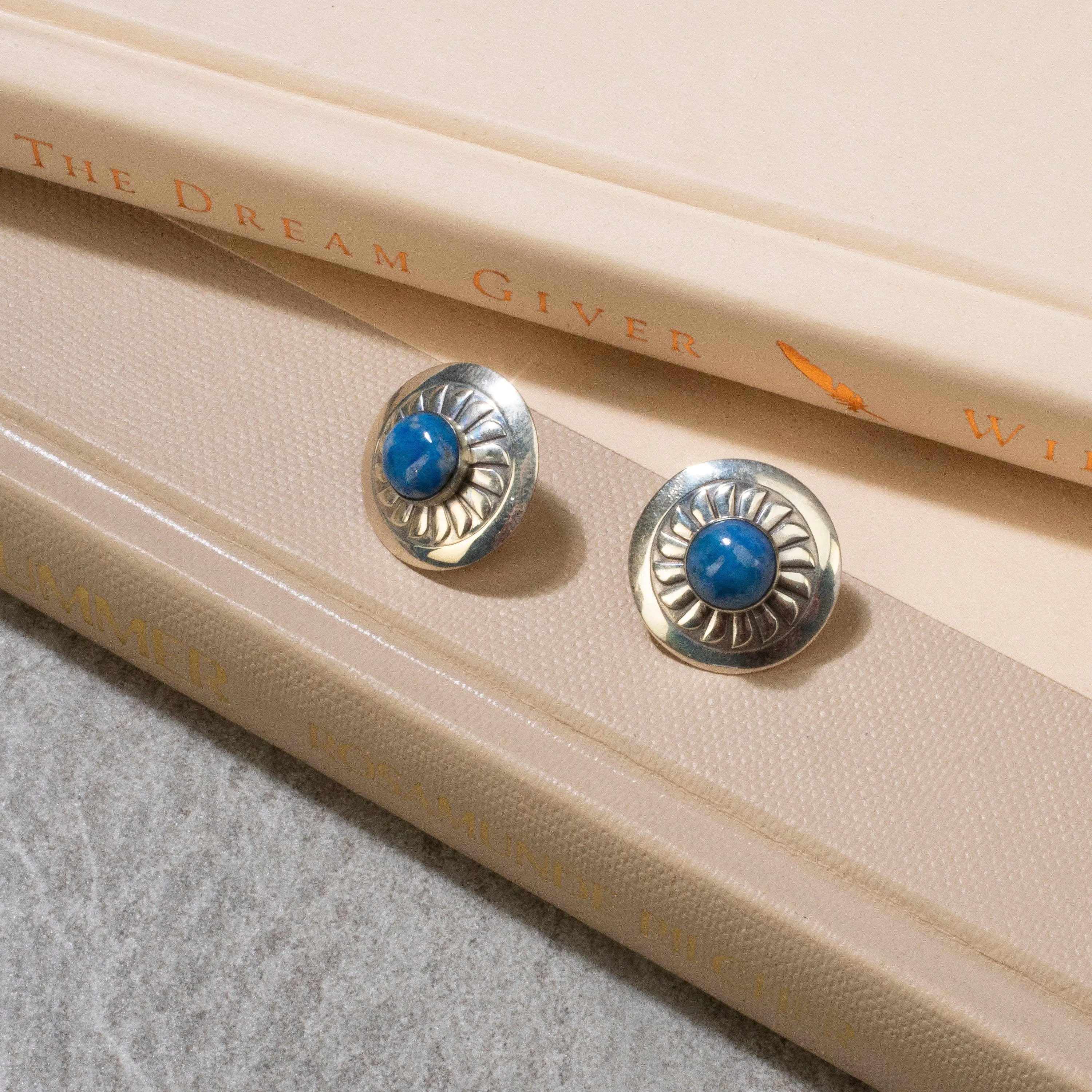 Denim Lapis Sun Navajo USA Native American Made 925 Sterling Silver Earrings with Stud Backing