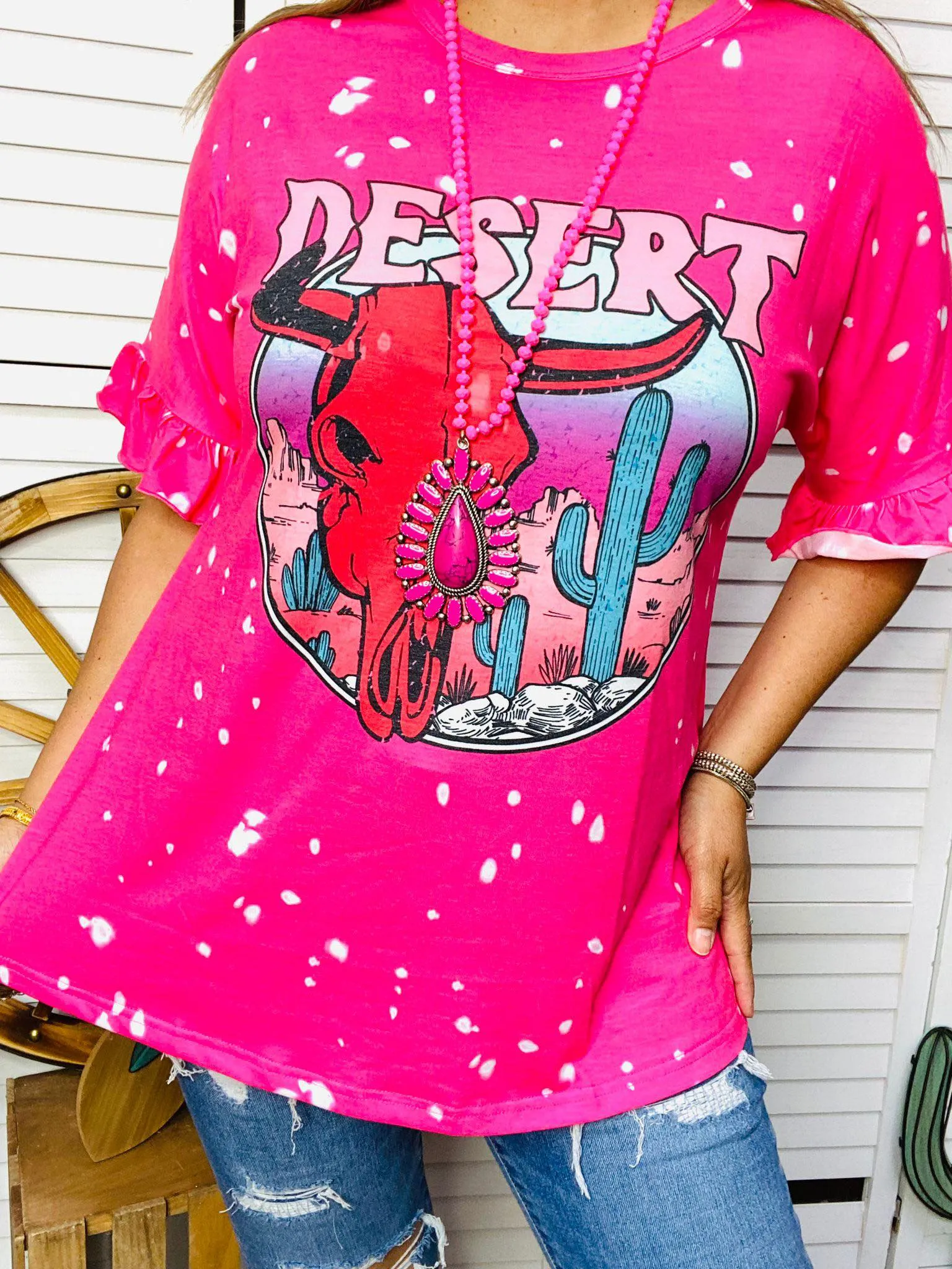 DESERT Pink Top with steer and cactus