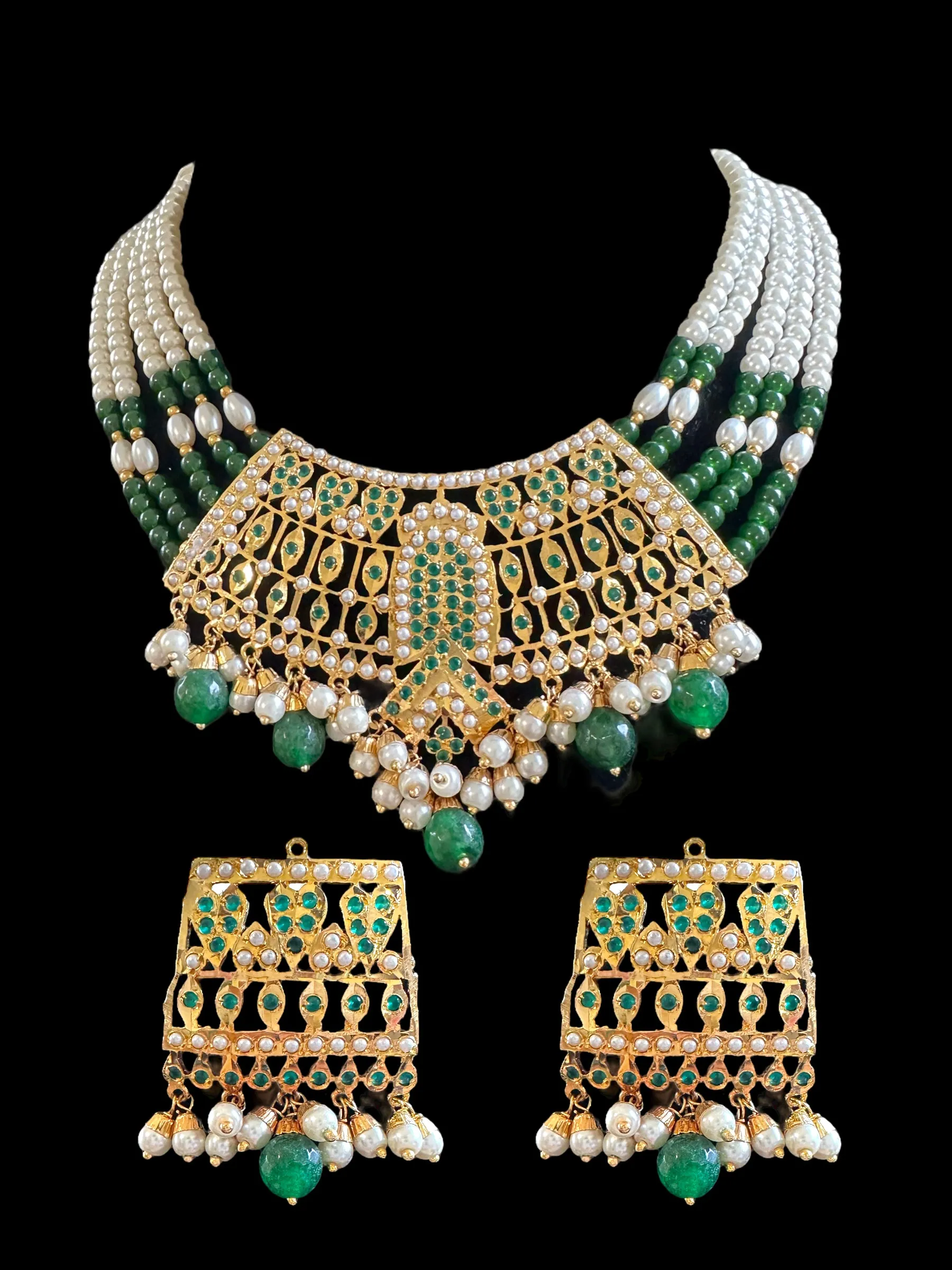 DNS64 Khudra punjabi Jadau necklace set in green ( SHIPS IN 4 WEEKS )