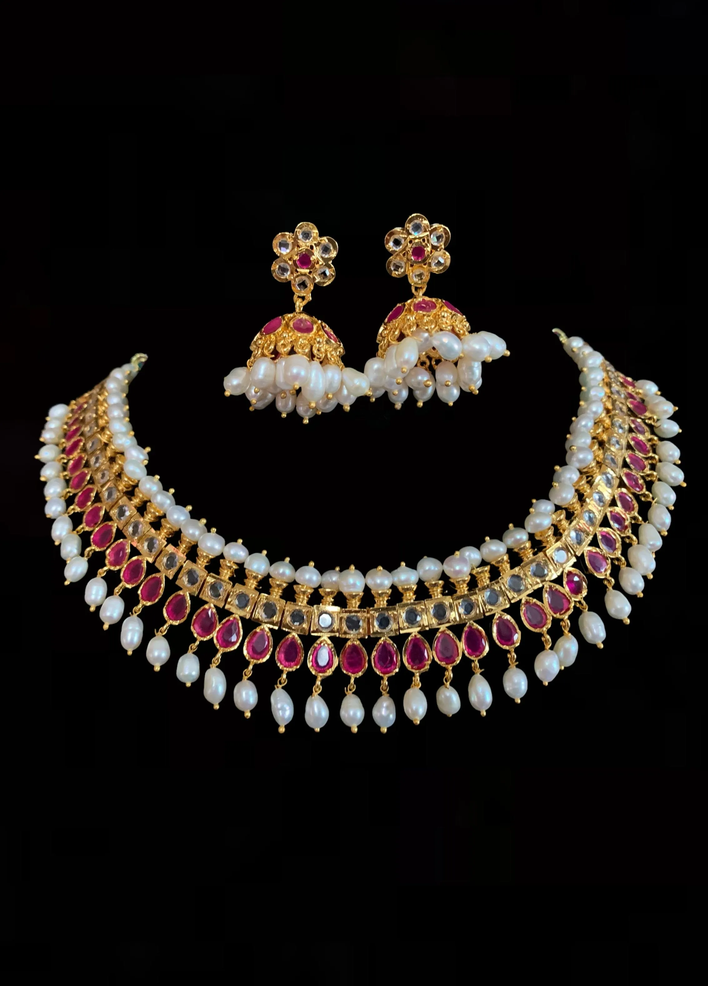 Faiza necklace set in fresh water pearls with rubies  (SHIPS IN 4 WEEKS )