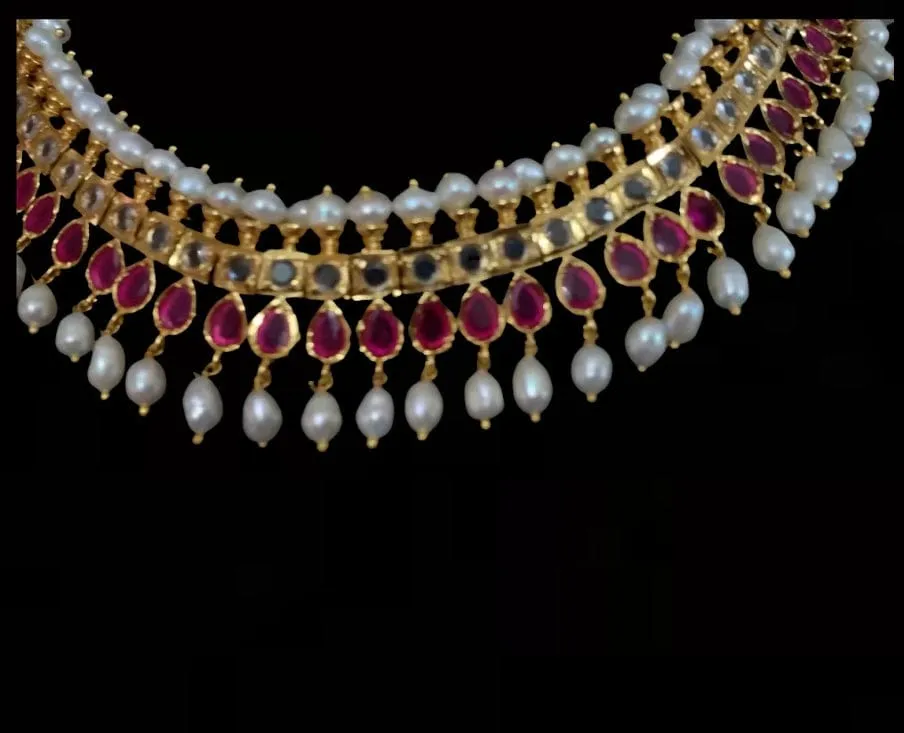 Faiza necklace set in fresh water pearls with rubies  (SHIPS IN 4 WEEKS )