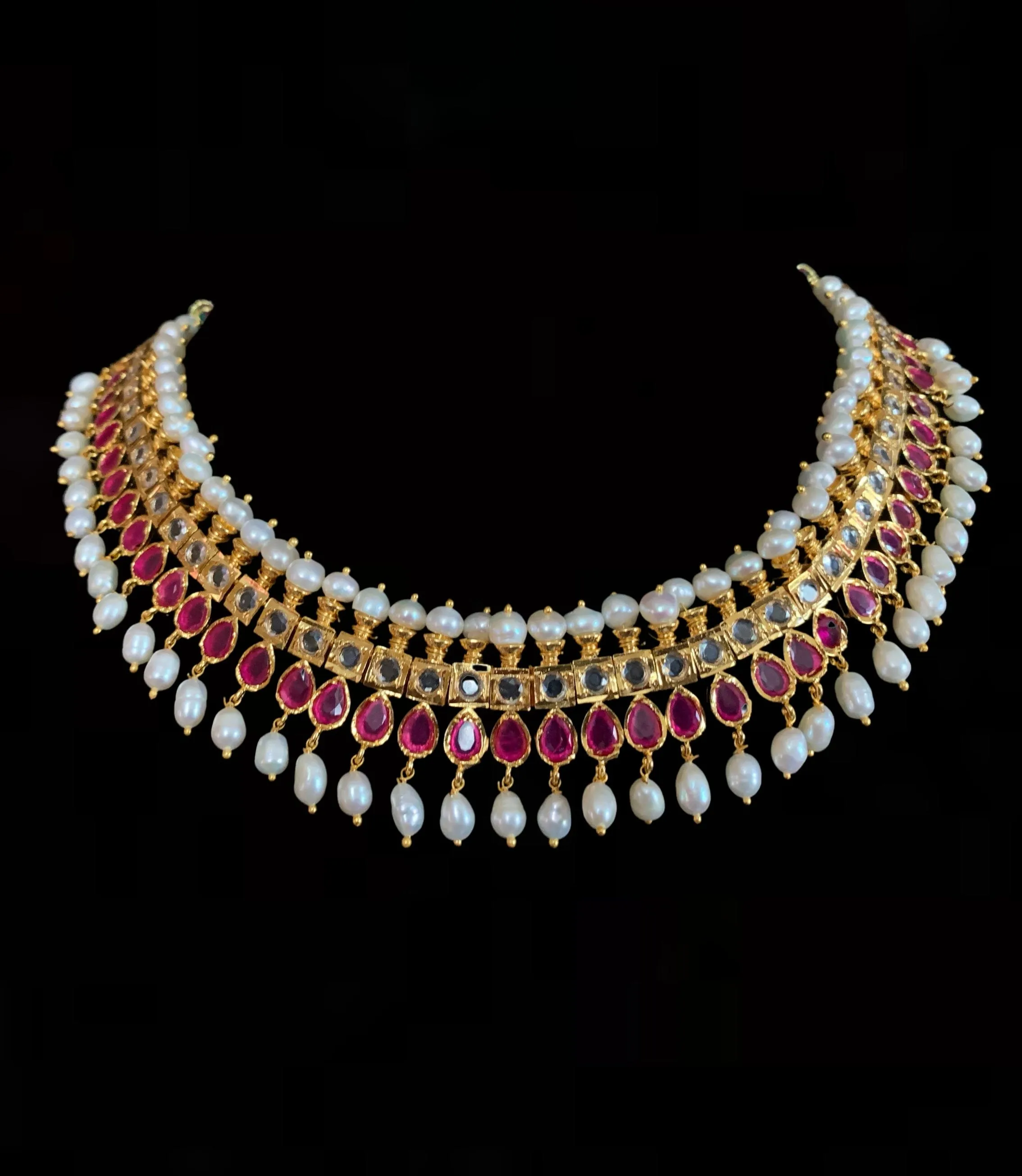 Faiza necklace set in fresh water pearls with rubies  (SHIPS IN 4 WEEKS )