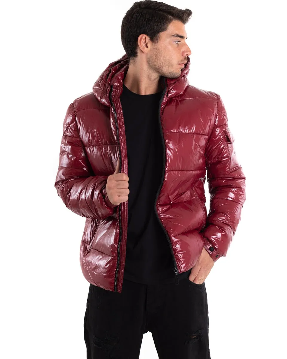 Giubbotto Uomo Bomber Lucido Vernice Cappuccio Tinta Unita Bordeaux GIOSAL-G2985A