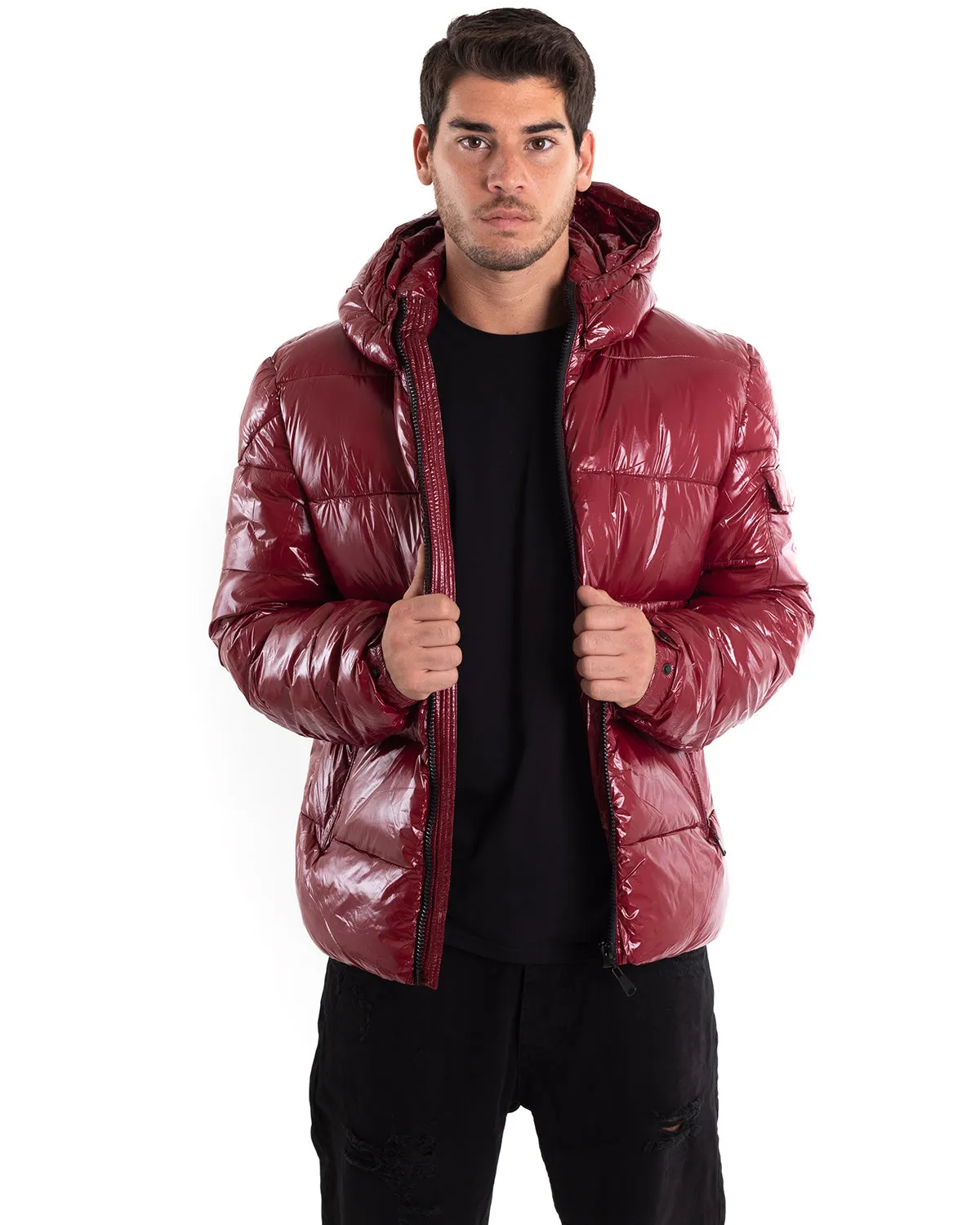 Giubbotto Uomo Bomber Lucido Vernice Cappuccio Tinta Unita Bordeaux GIOSAL-G2985A