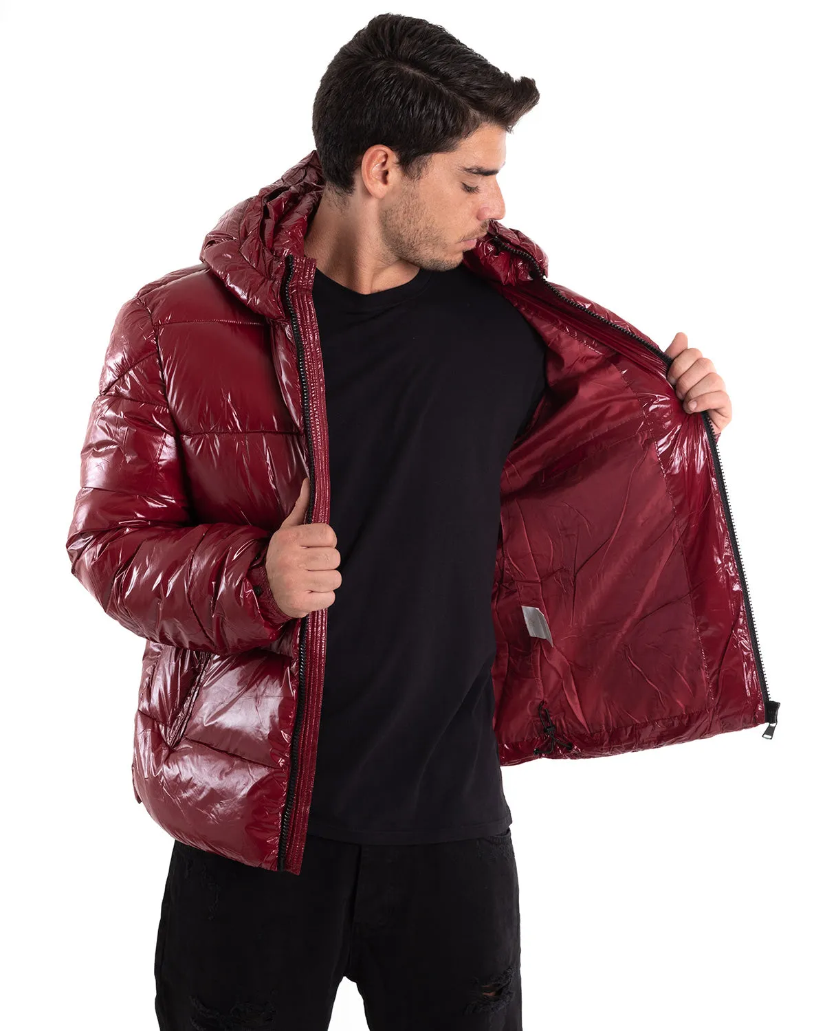 Giubbotto Uomo Bomber Lucido Vernice Cappuccio Tinta Unita Bordeaux GIOSAL-G2985A