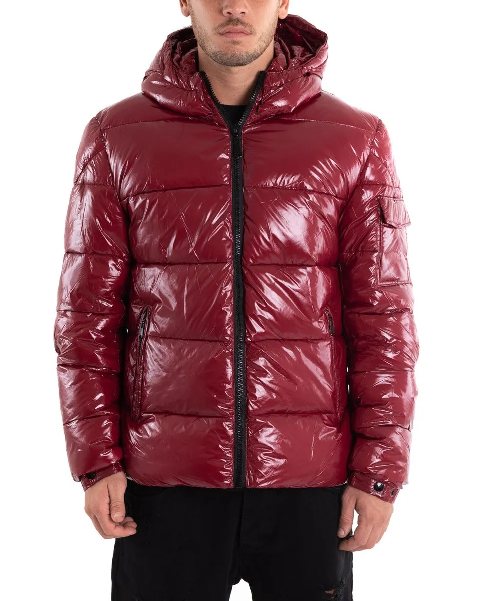 Giubbotto Uomo Bomber Lucido Vernice Cappuccio Tinta Unita Bordeaux GIOSAL-G2985A