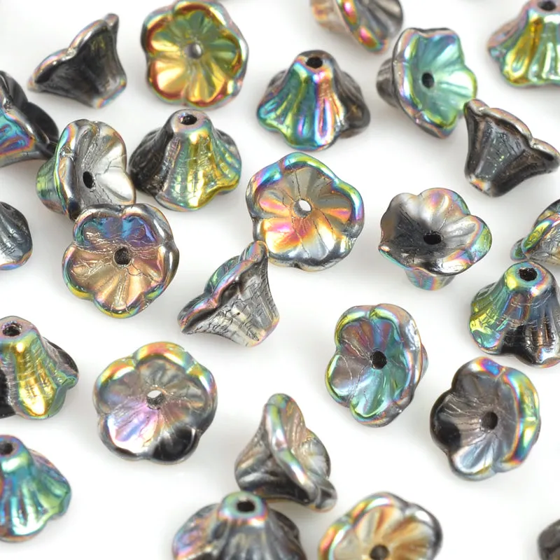 Glass-7x5mm Flower Cup Bead-Jet Vitrail Full-Czech-Quantity 20