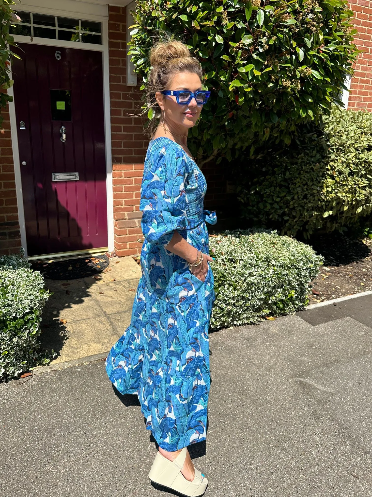 ‘GRACE V-DRESS’ IN BLUE BANANA LEAF (MIDI)