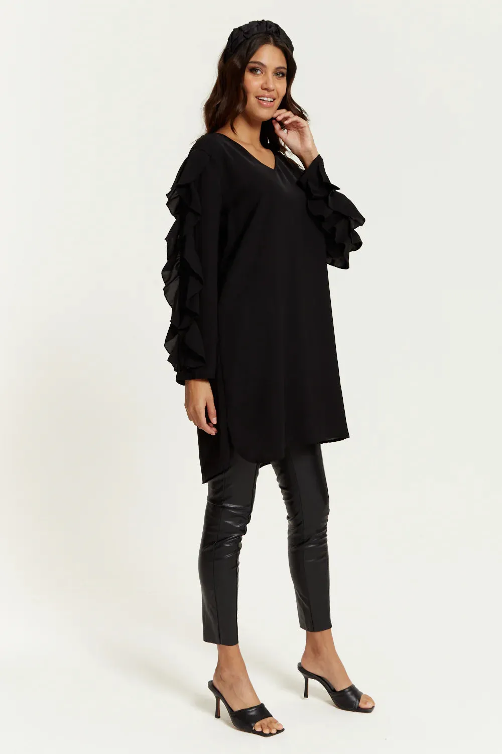 Hoxton Gal Oversized V Neck Ruffle Sleeves Tunic