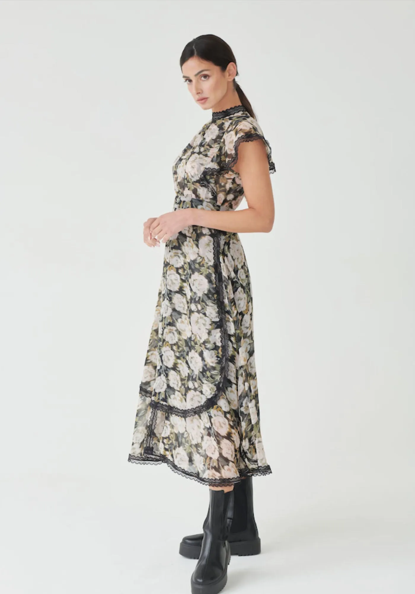 Lace Trim High Neck Midi Dress in Multi Floral