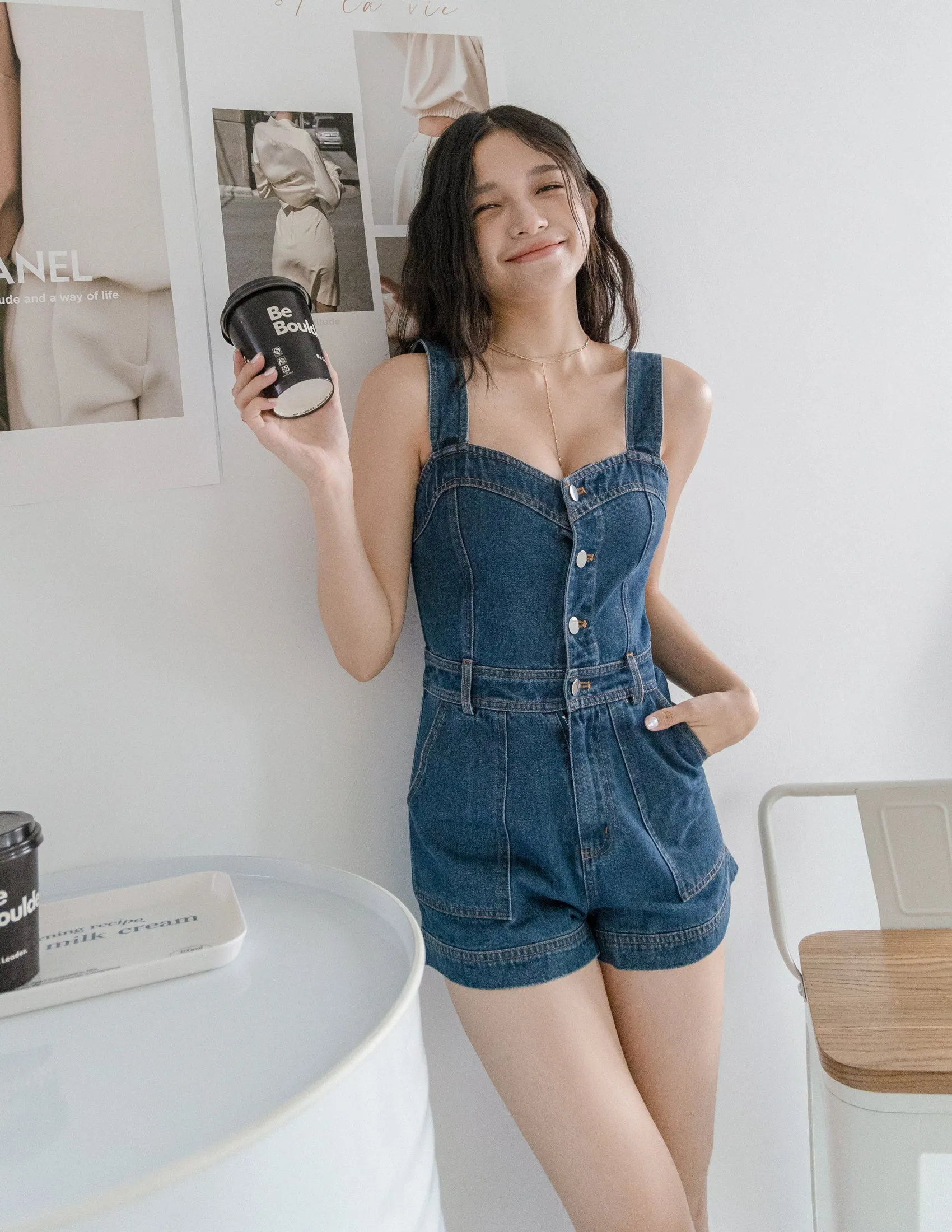 Lana Denim Romper in Dark Wash