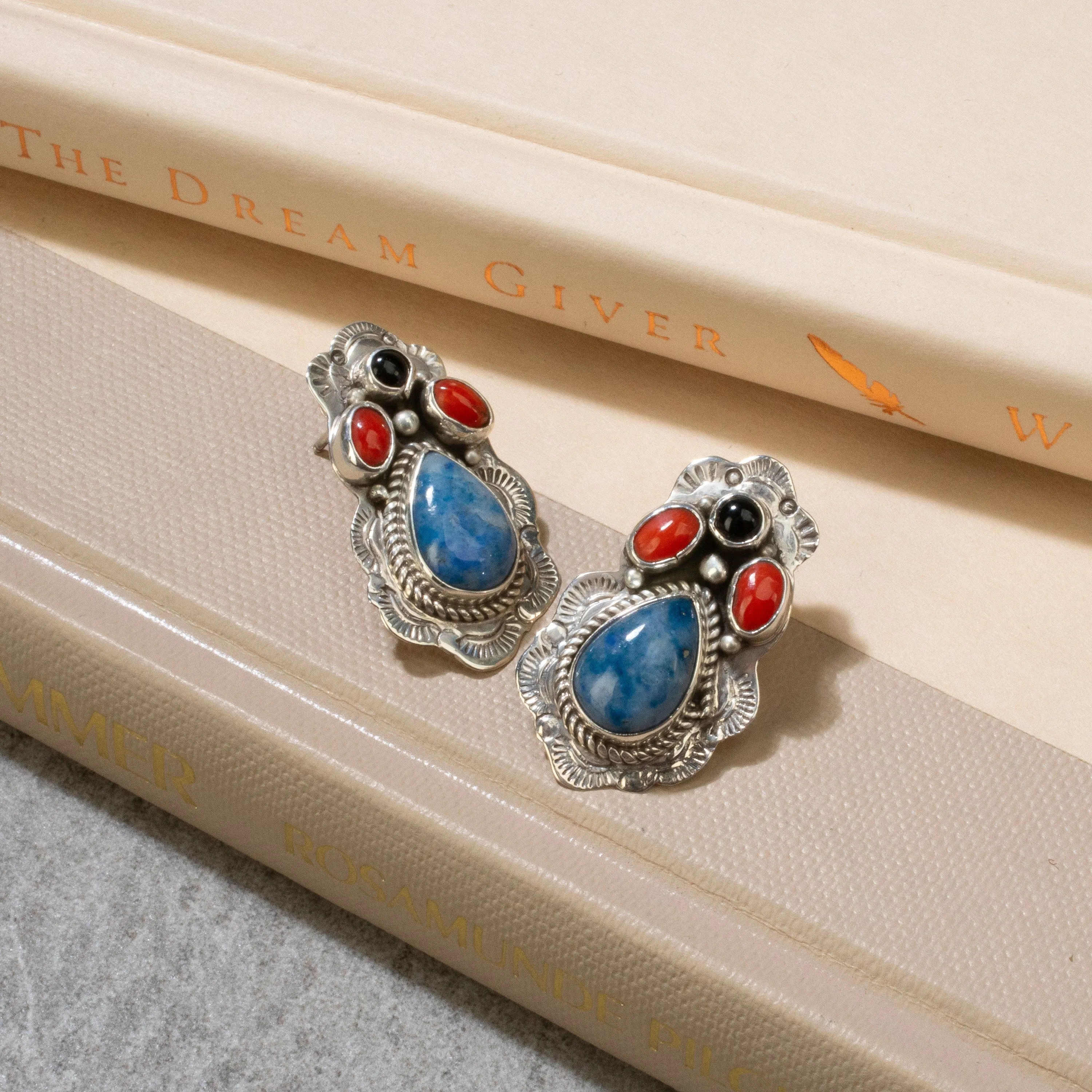 Lapis, Red Coral, & Black Onyx Navajo USA Native American Made 925 Sterling Silver Earrings with Stud Backing