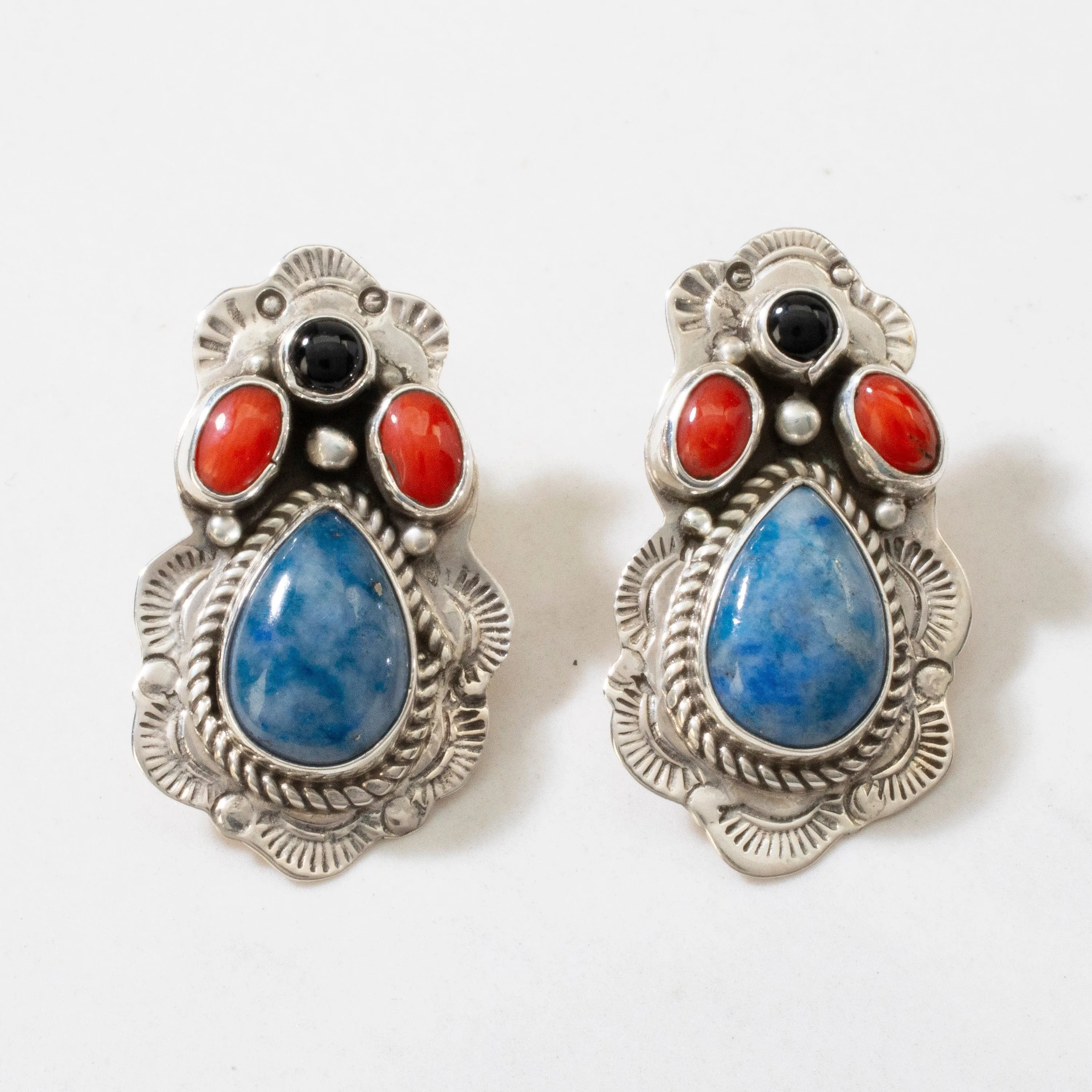 Lapis, Red Coral, & Black Onyx Navajo USA Native American Made 925 Sterling Silver Earrings with Stud Backing