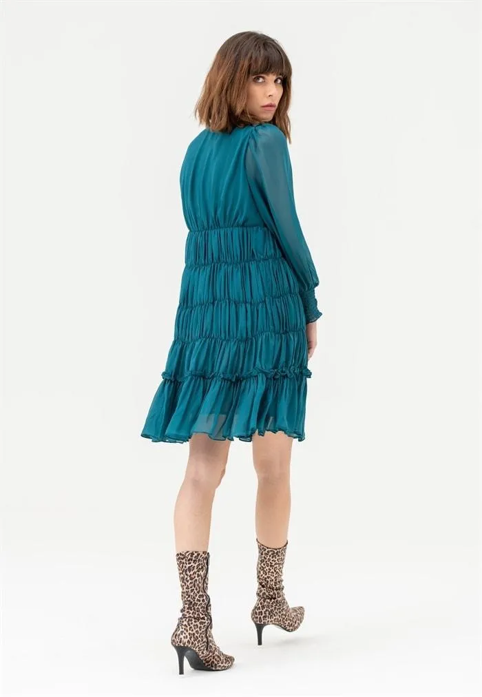 Long Sleeve Gathered V Neck Midi Dress in Teal- Outlet