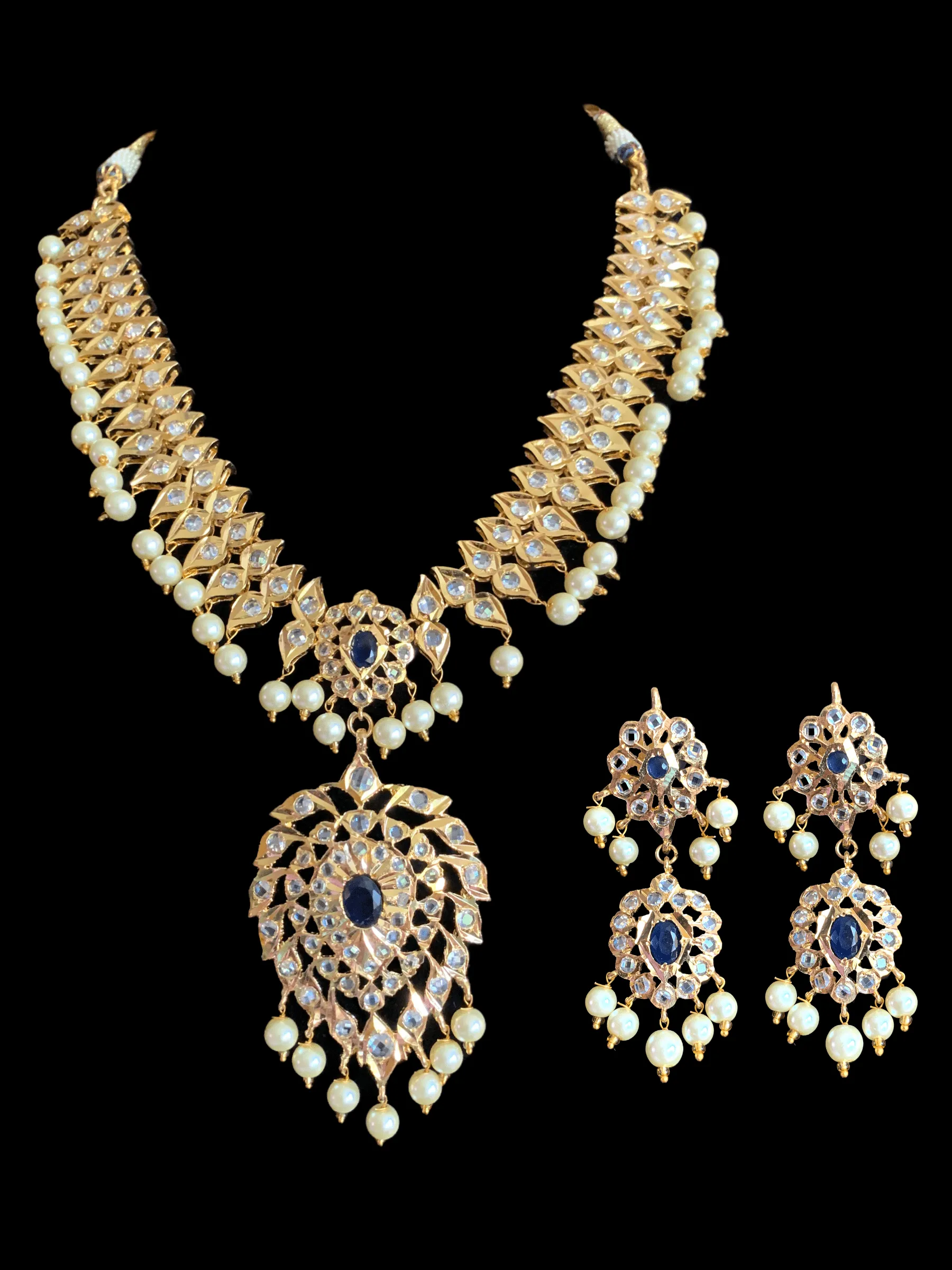 NS233 Ila nizami mango style bridal necklace with earrings in blue  (READY TO SHIP  )