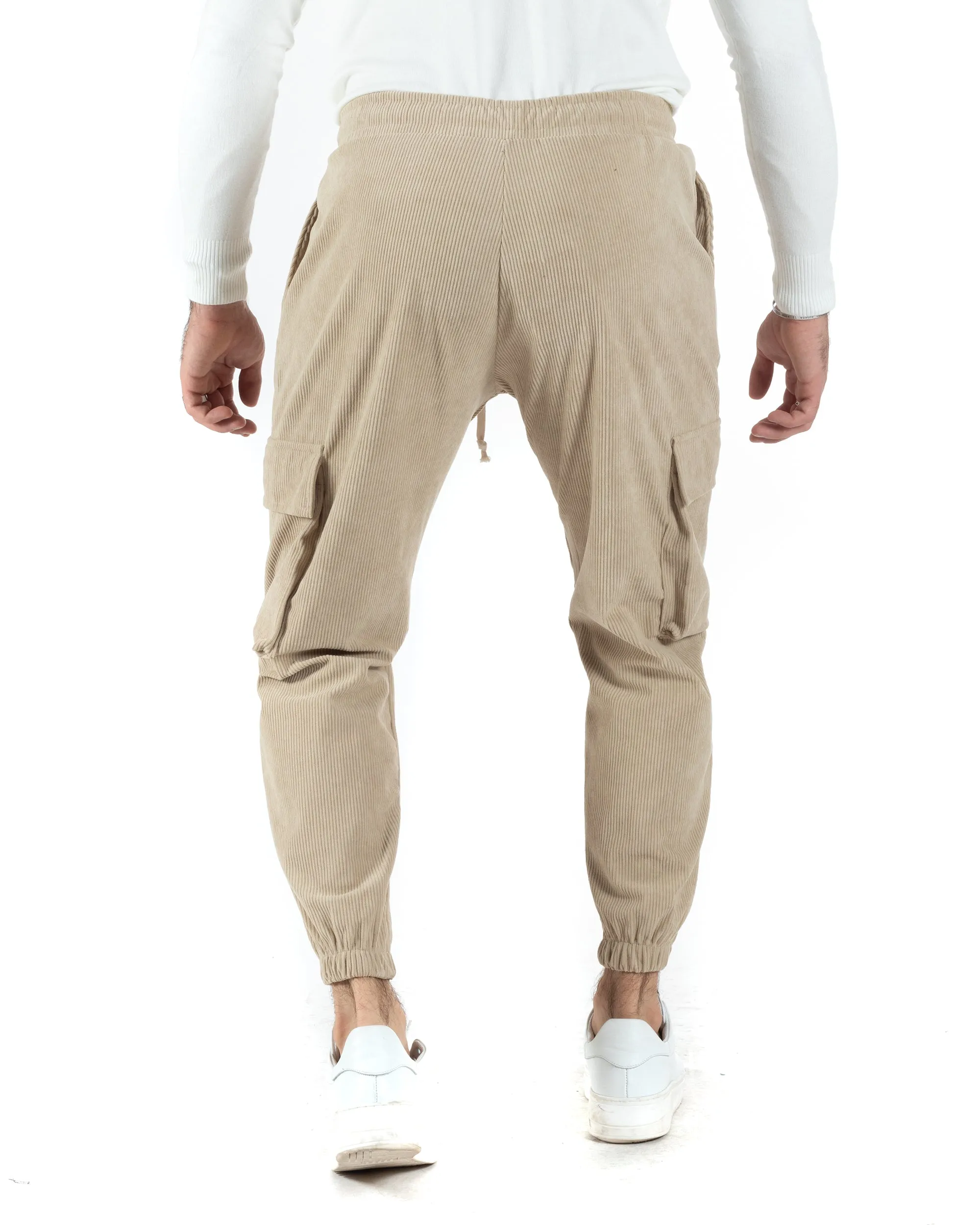 Pantaloni Uomo Pantalaccio Con Tasconi Cargo Velluto Beige Coulisse Elastico Al Fondo GIOSAL-P6014A