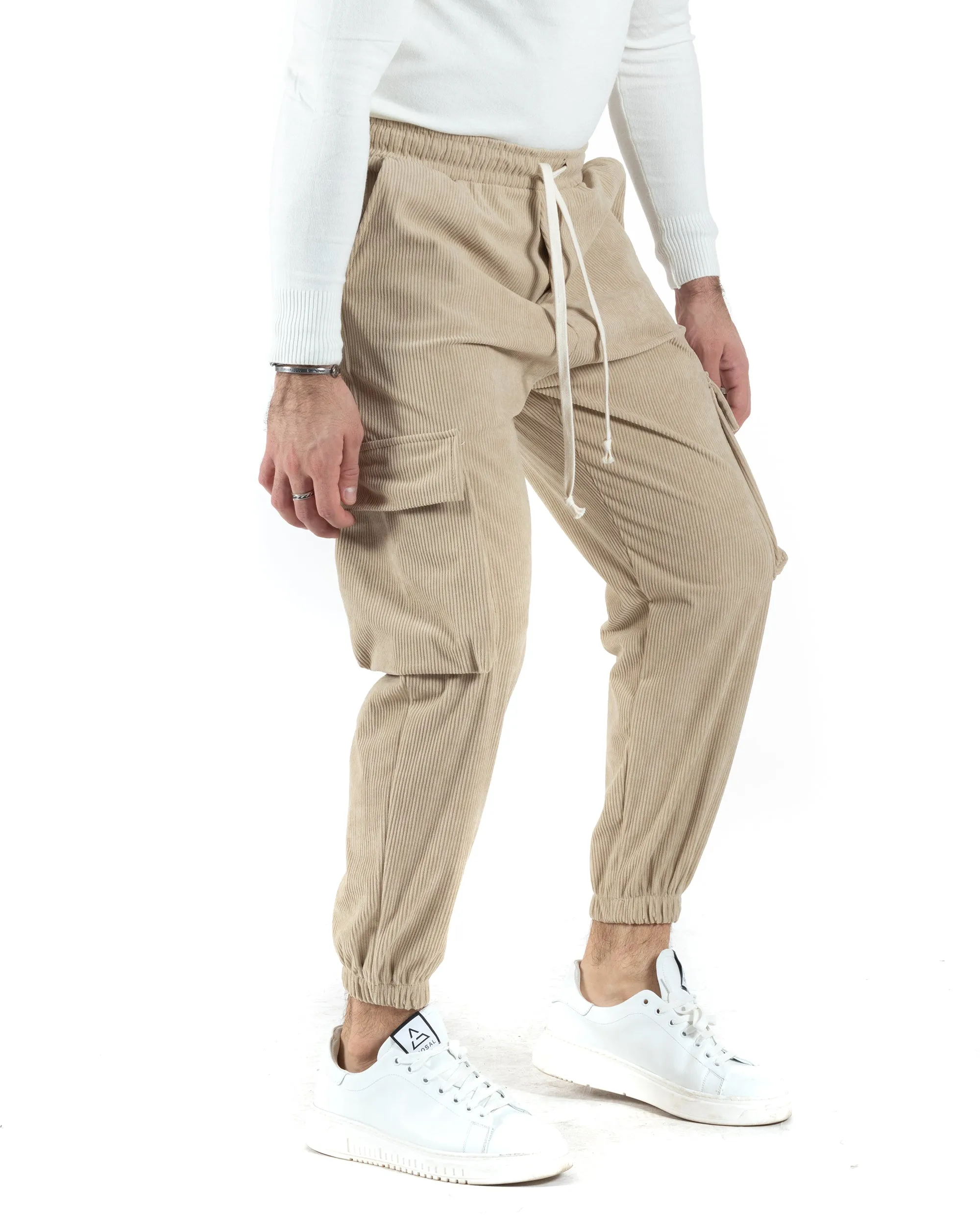 Pantaloni Uomo Pantalaccio Con Tasconi Cargo Velluto Beige Coulisse Elastico Al Fondo GIOSAL-P6014A