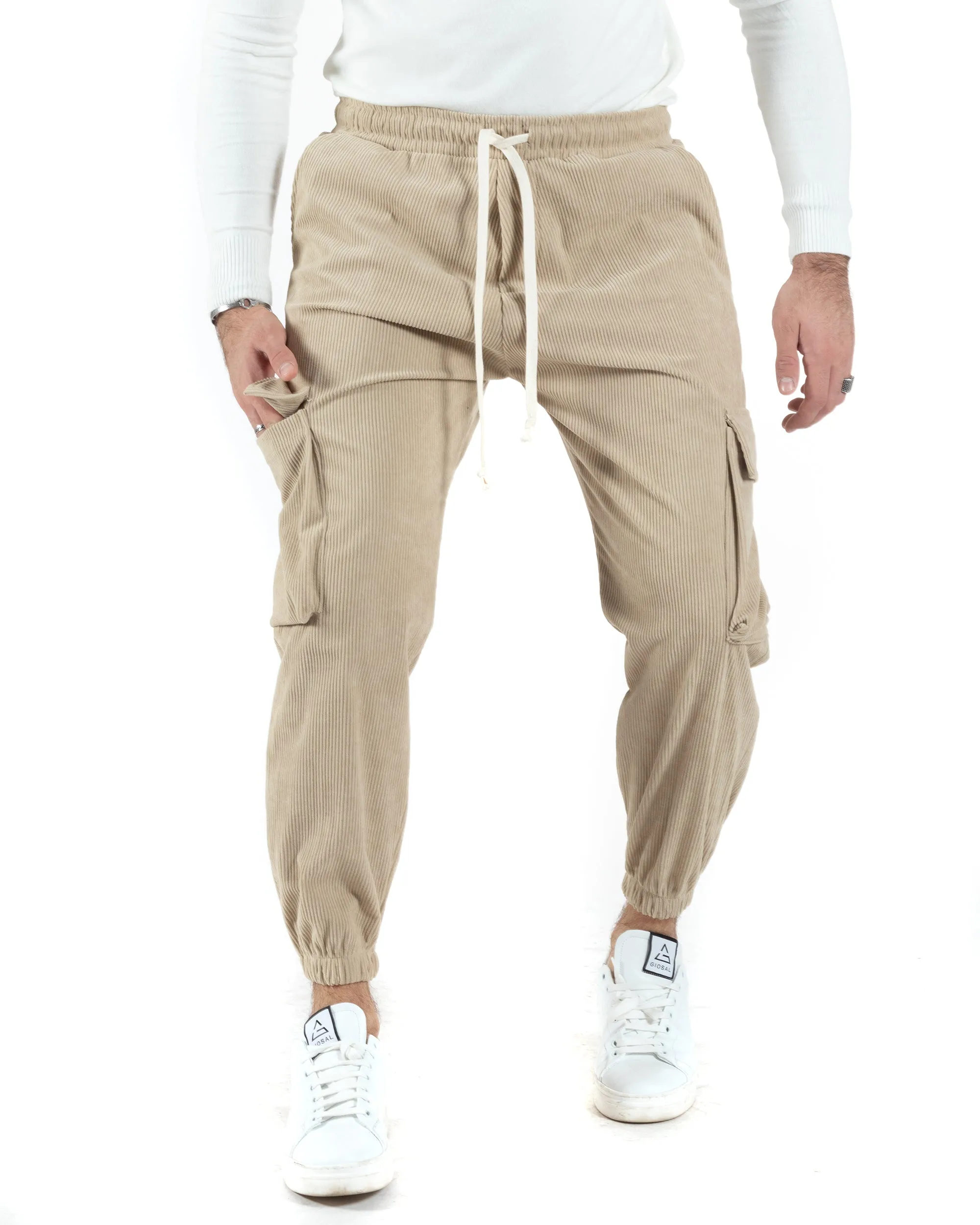 Pantaloni Uomo Pantalaccio Con Tasconi Cargo Velluto Beige Coulisse Elastico Al Fondo GIOSAL-P6014A